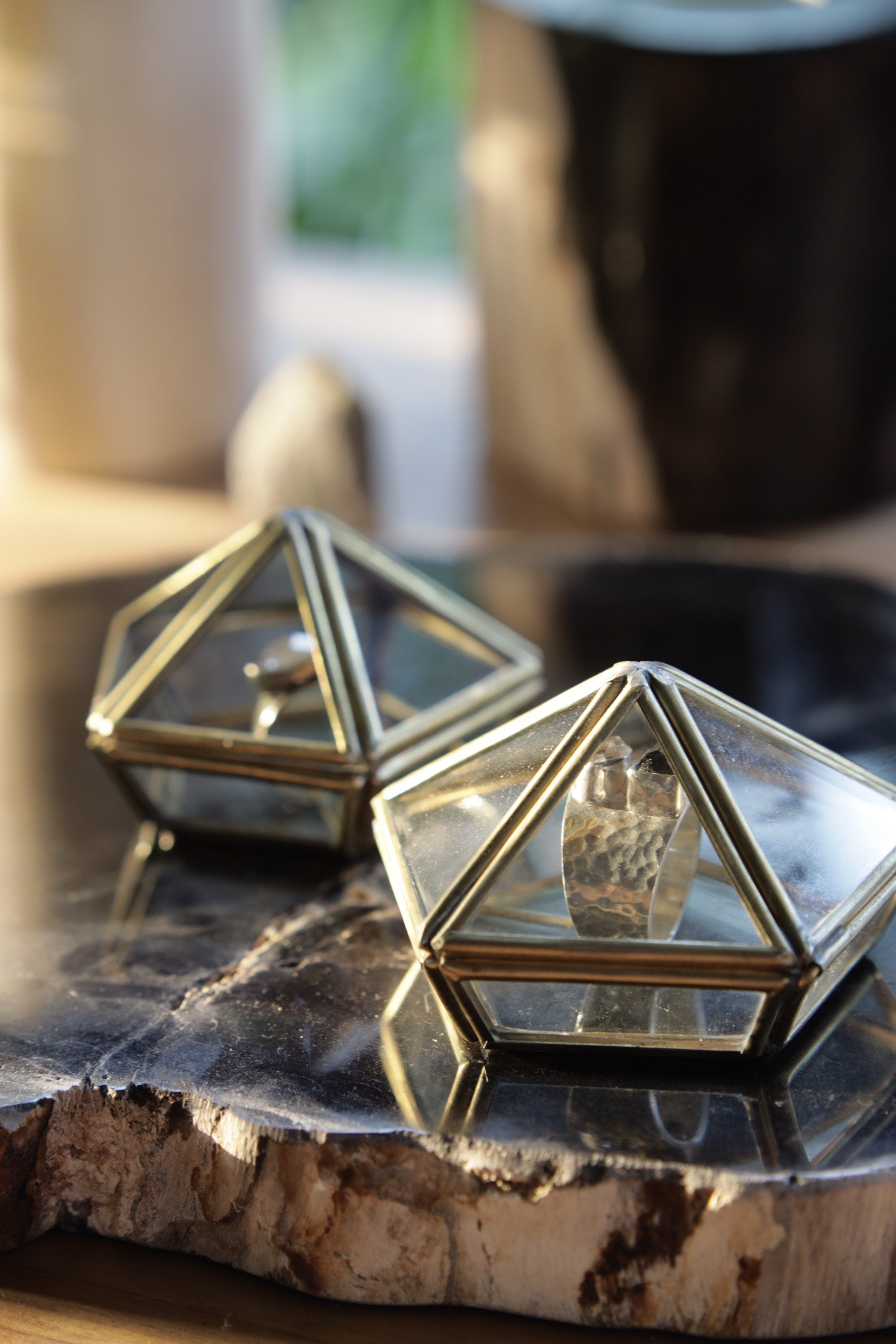 Brass Glass Ring Display Box Pentagon Jewelry Box Vintage Patina Proposal Ring Holder Geometric Keepsake Gift