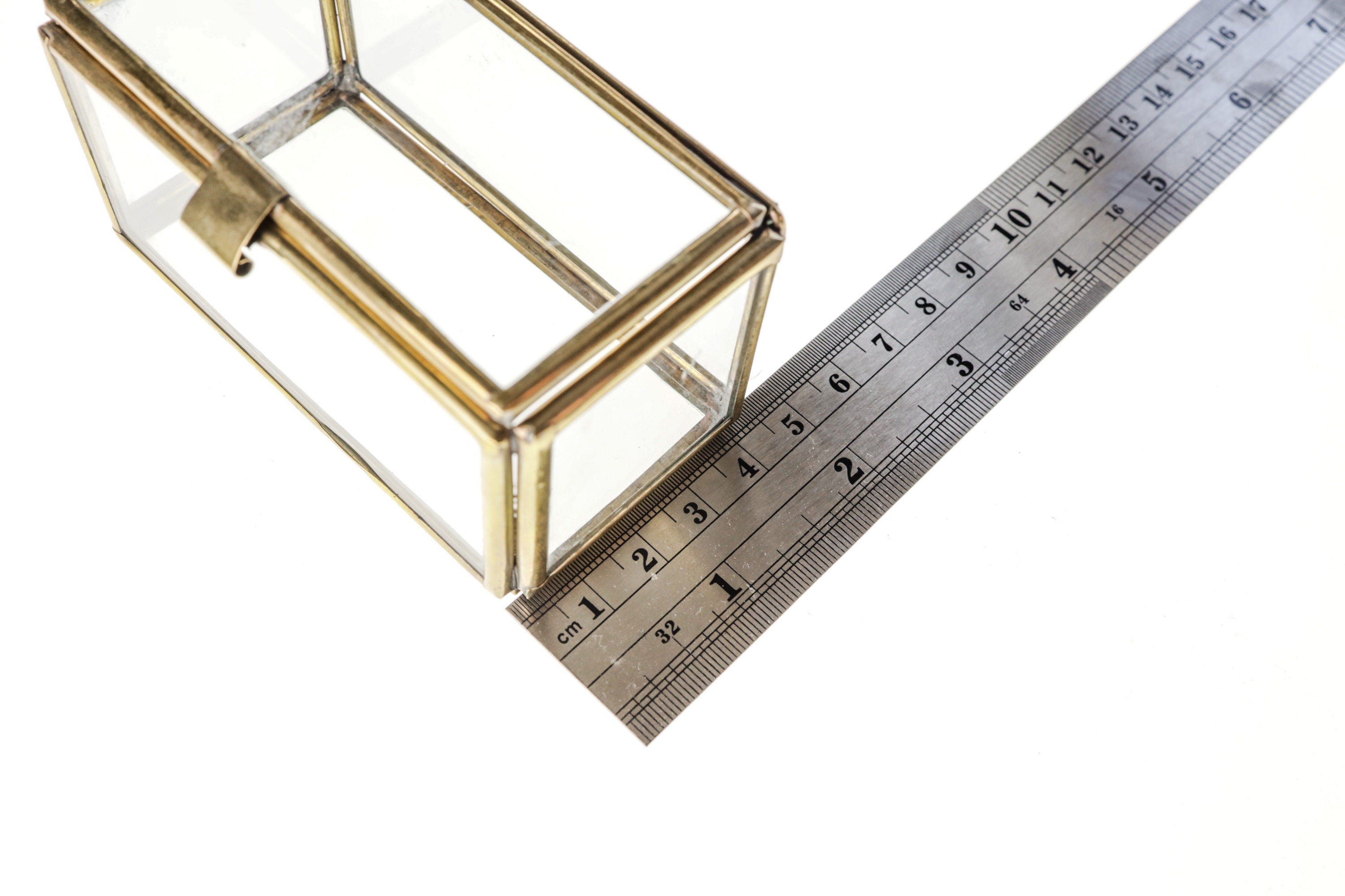 Large Rectangular Glass Brass Jewelry Display Box Gold Toned Gem Case Ring Necklace Keepsake Gift 8.5cm