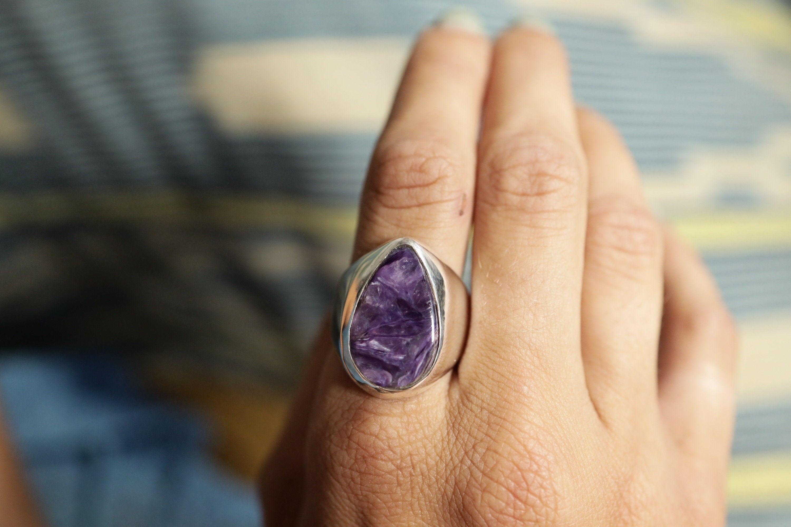 Unique Sterling Silver Ring, Light Strong Hollow Band with Charoite Cabochon, Psychedelic Crystal, Unisex Size 10 US