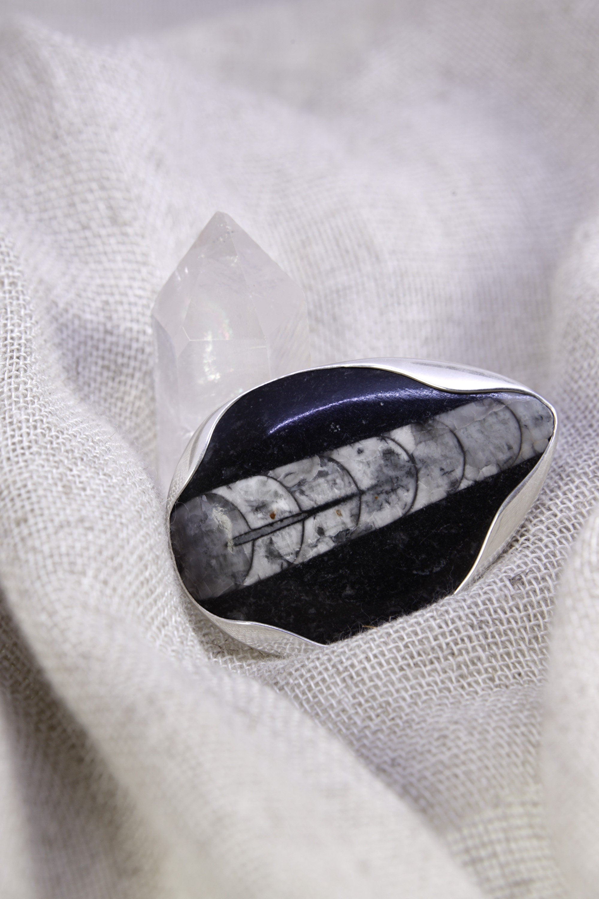 Fossil Ring 925 Sterling Silver Adjustable Textured Band Waved Bezel Root Chakra Ancient Earth Jewelry Gift