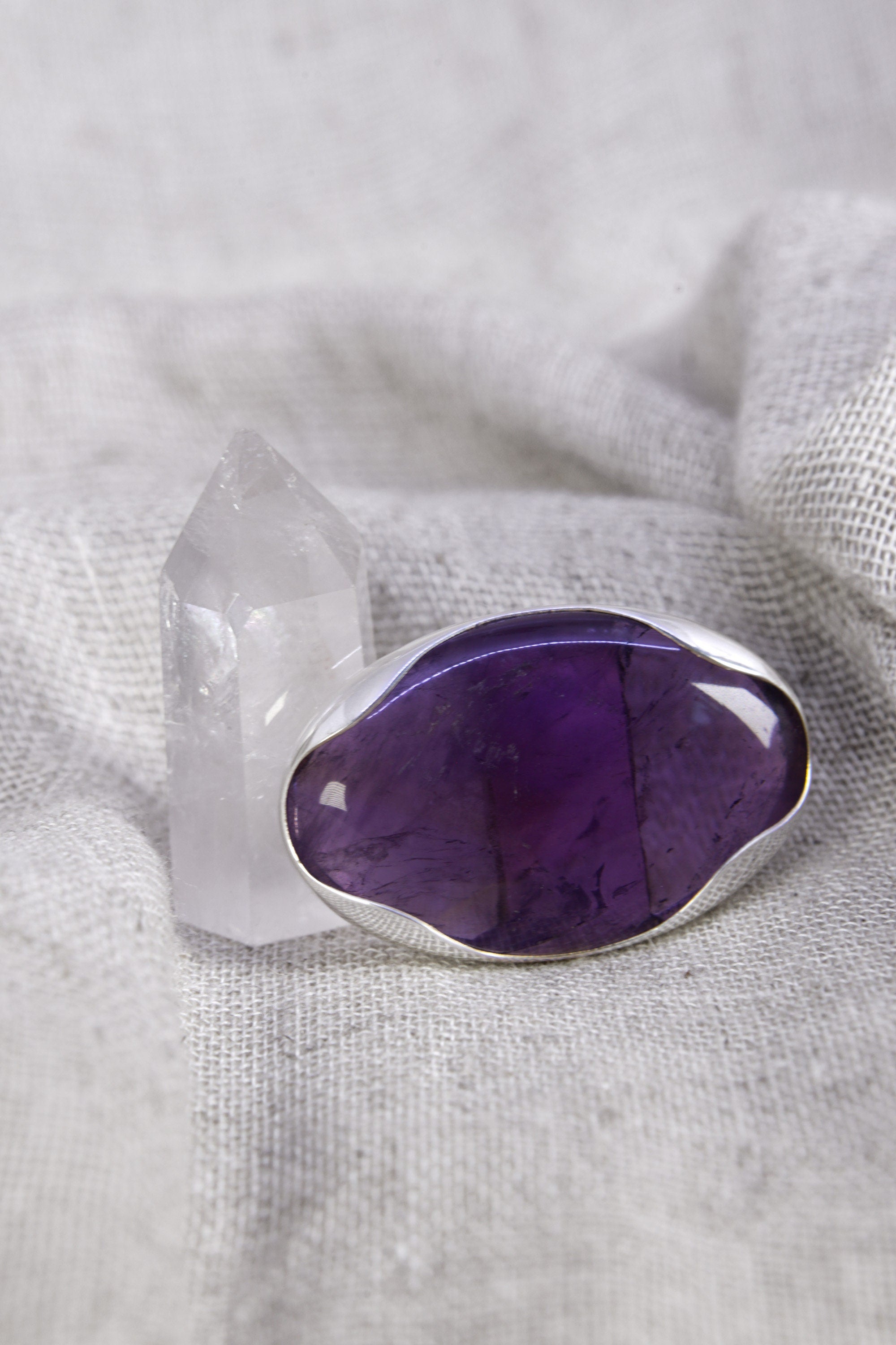 Adjustable Sterling Silver Ring with Oval Amethyst - Size 5-12 US