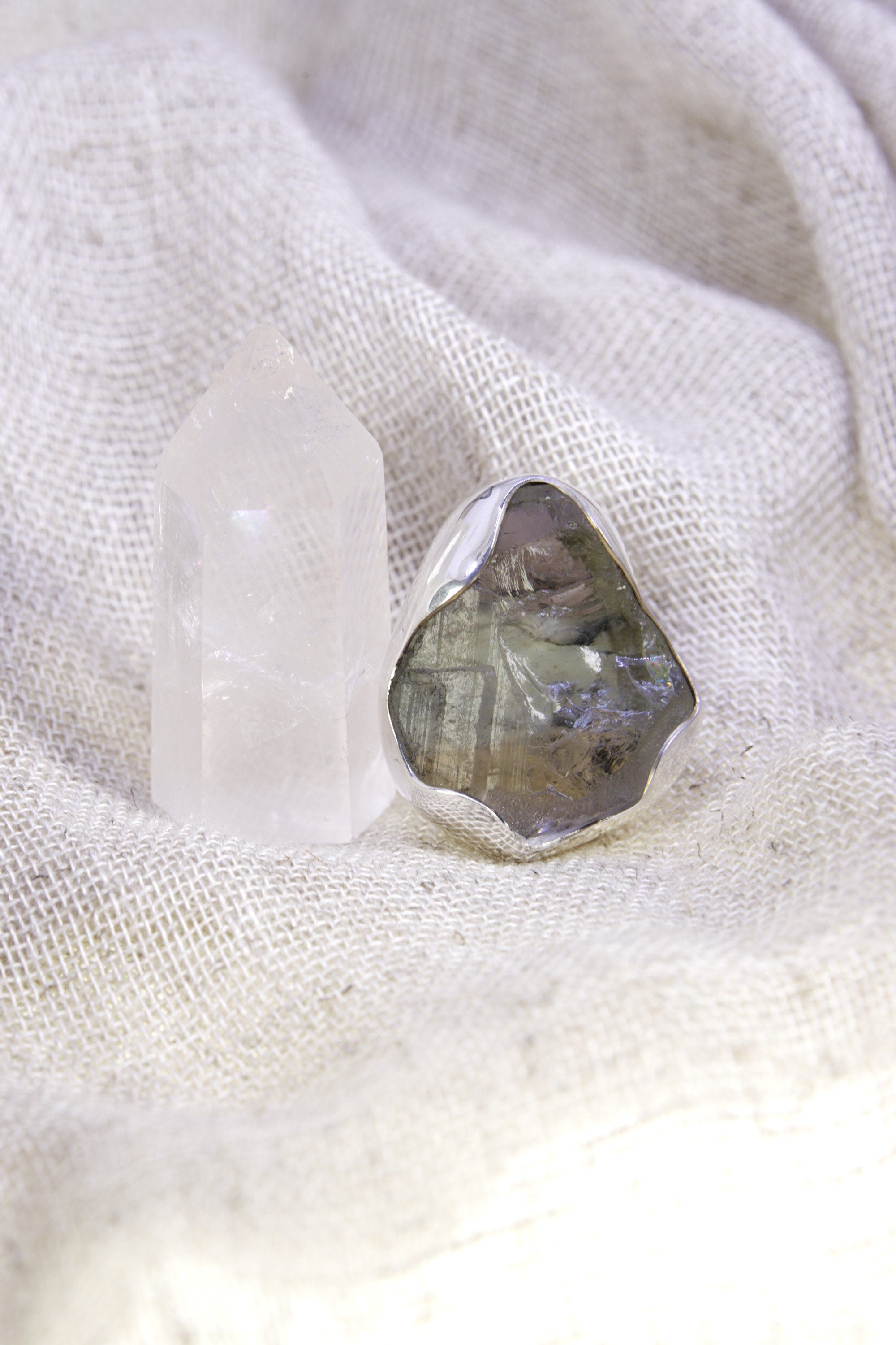 Green Amethyst Ring 925 Sterling Silver Adjustable Waved Bezel Prasiolite Heart Chakra Nature Gift
