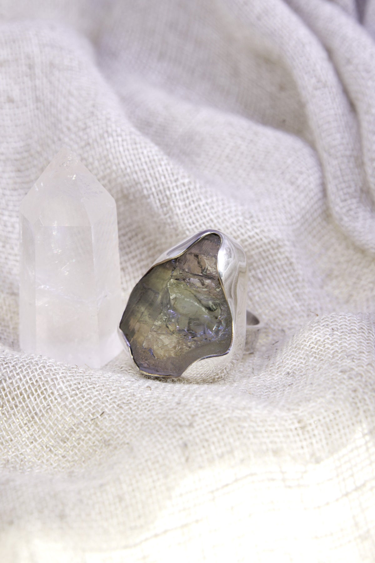 Green Amethyst Ring 925 Sterling Silver Adjustable Waved Bezel Prasiolite Heart Chakra Nature Gift