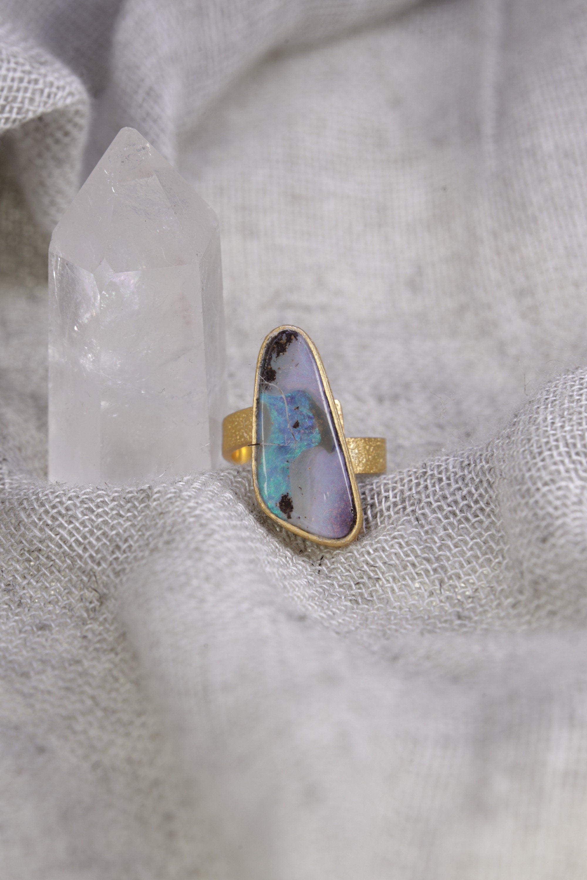 Adjustable Opal Sterling Silver Ring: Gold-Plated Textured Finish