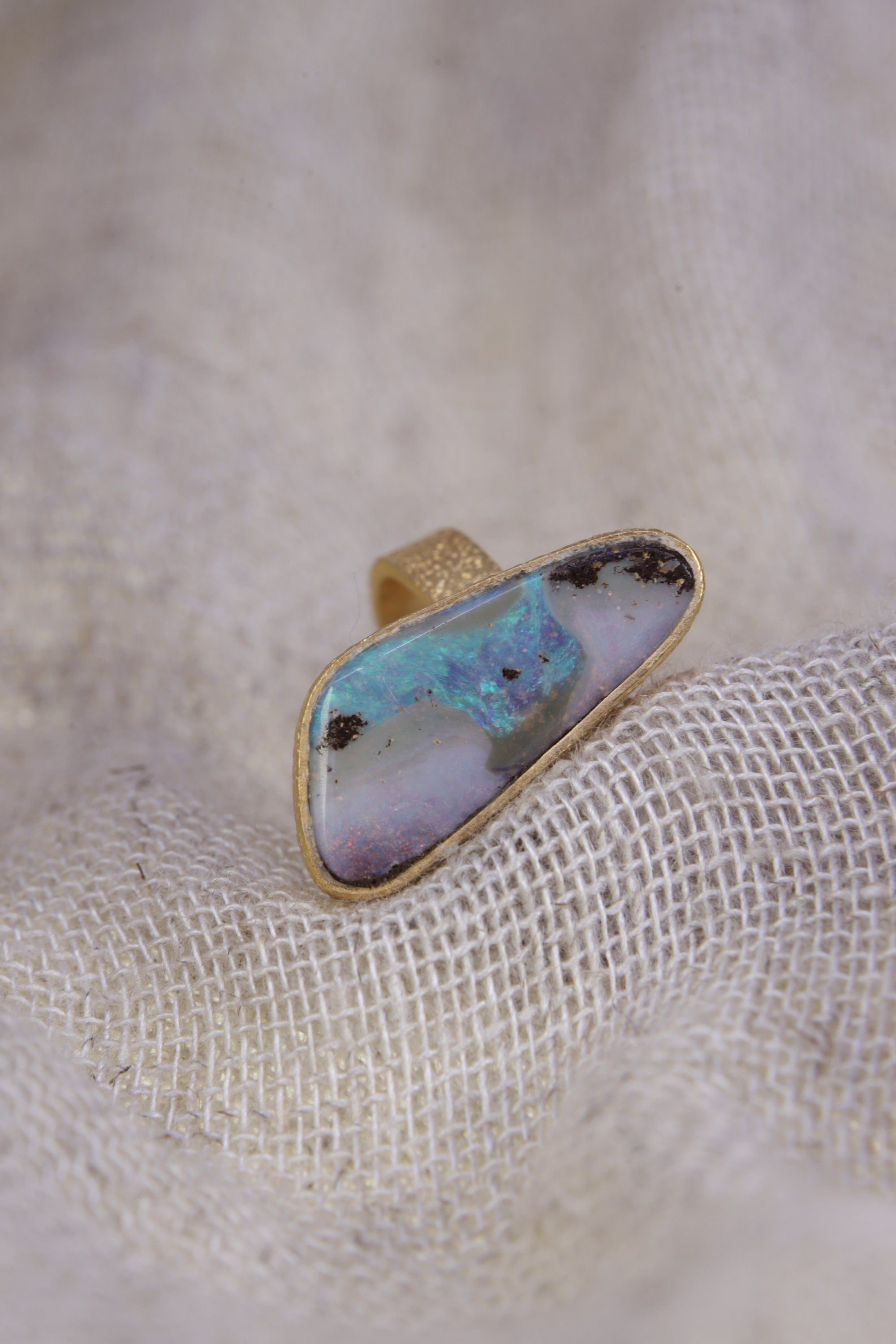 Gold Opal Ring 925 Sterling Silver Adjustable Ring 18k Gold Plated Textured Band Crown Chakra Jewelry Gift
