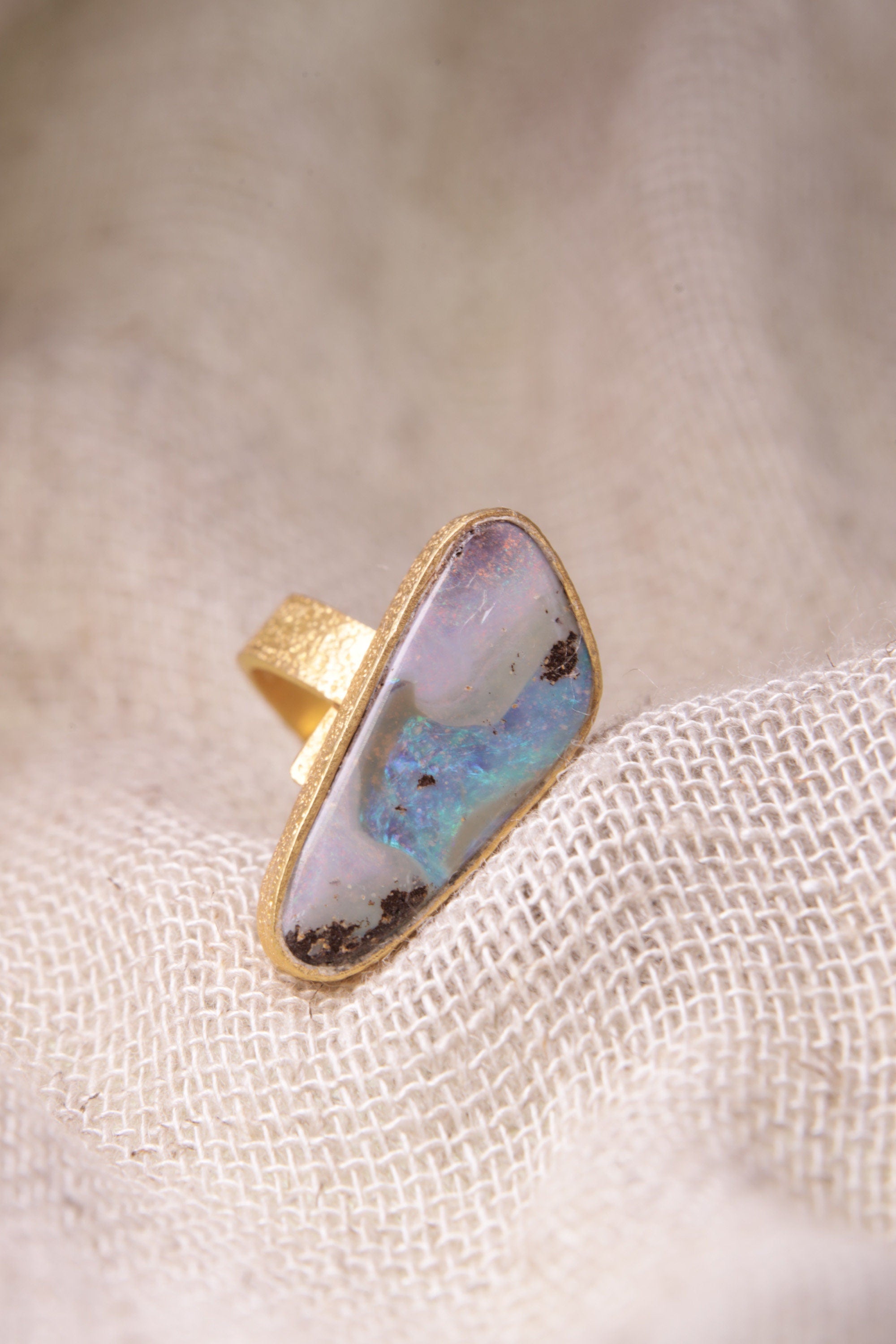 Adjustable Sterling Silver Opal Ring, Textured Gold-Plated Finish, Unisex, Heart & Crown Chakra, Libra Zodiac, Unique Gift, Size 5-10 US