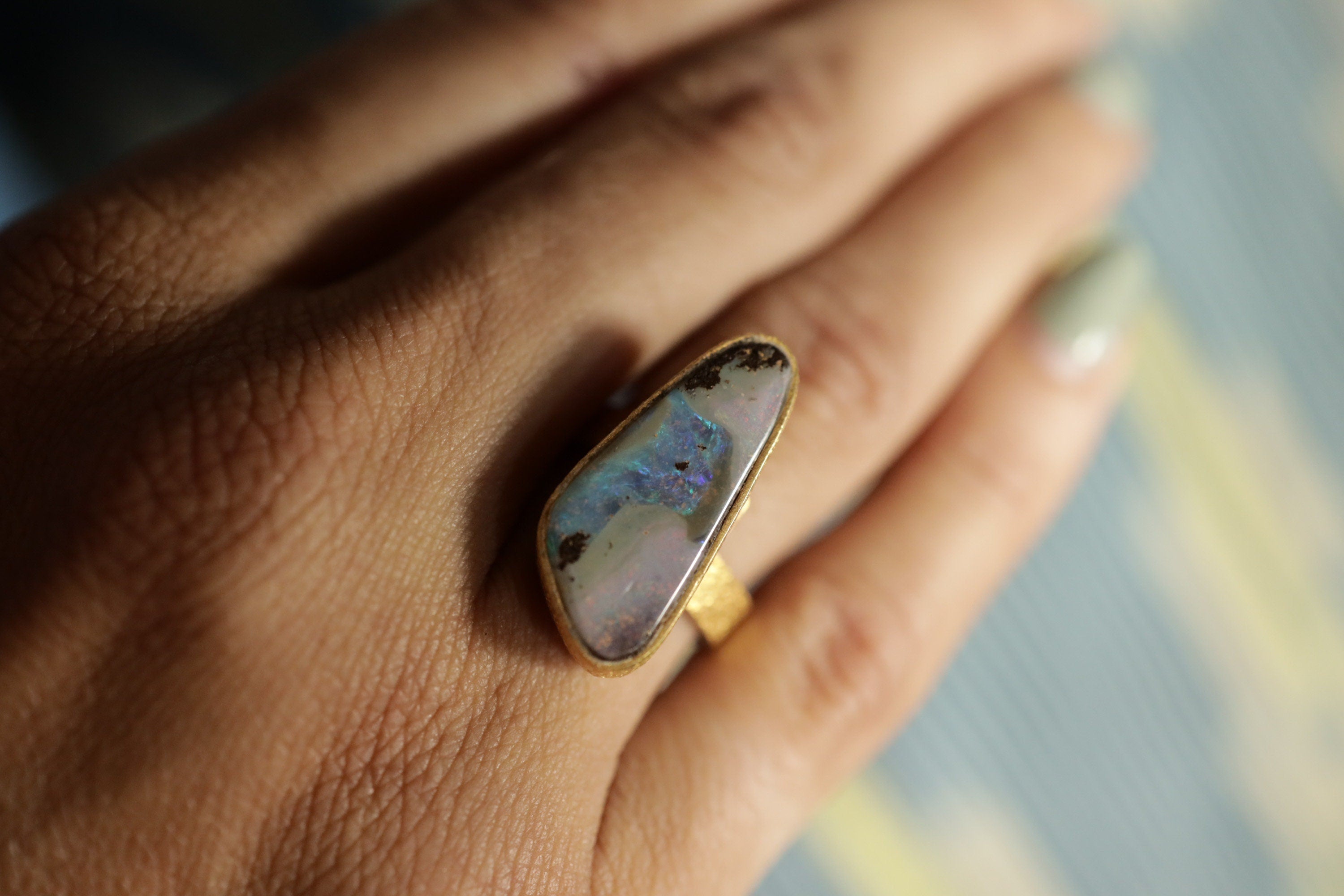 Gold Opal Ring 925 Sterling Silver Adjustable Ring 18k Gold Plated Textured Band Crown Chakra Jewelry Gift