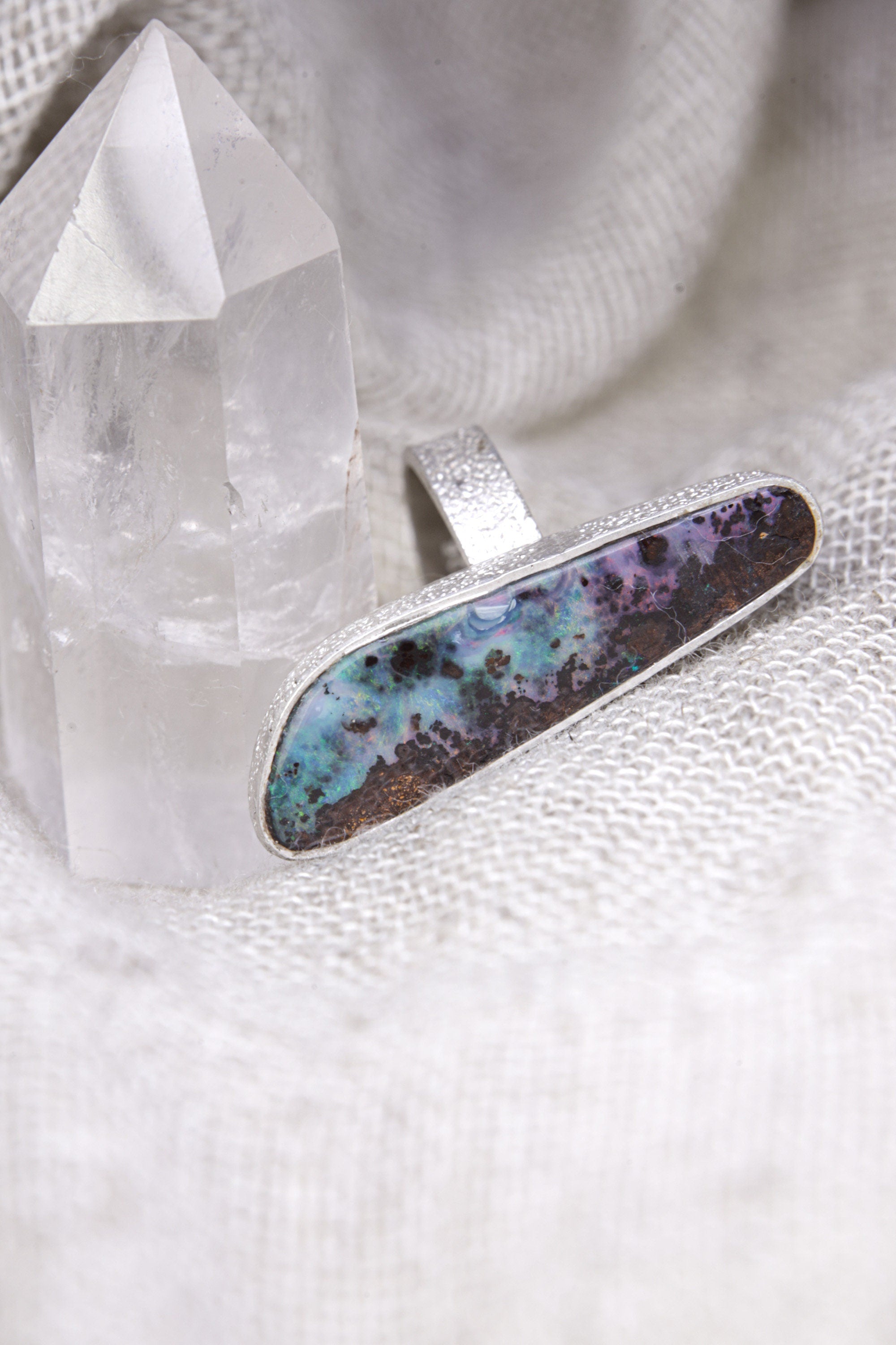 Adjustable Sterling Silver Opal Ring - Textured Unisex Design