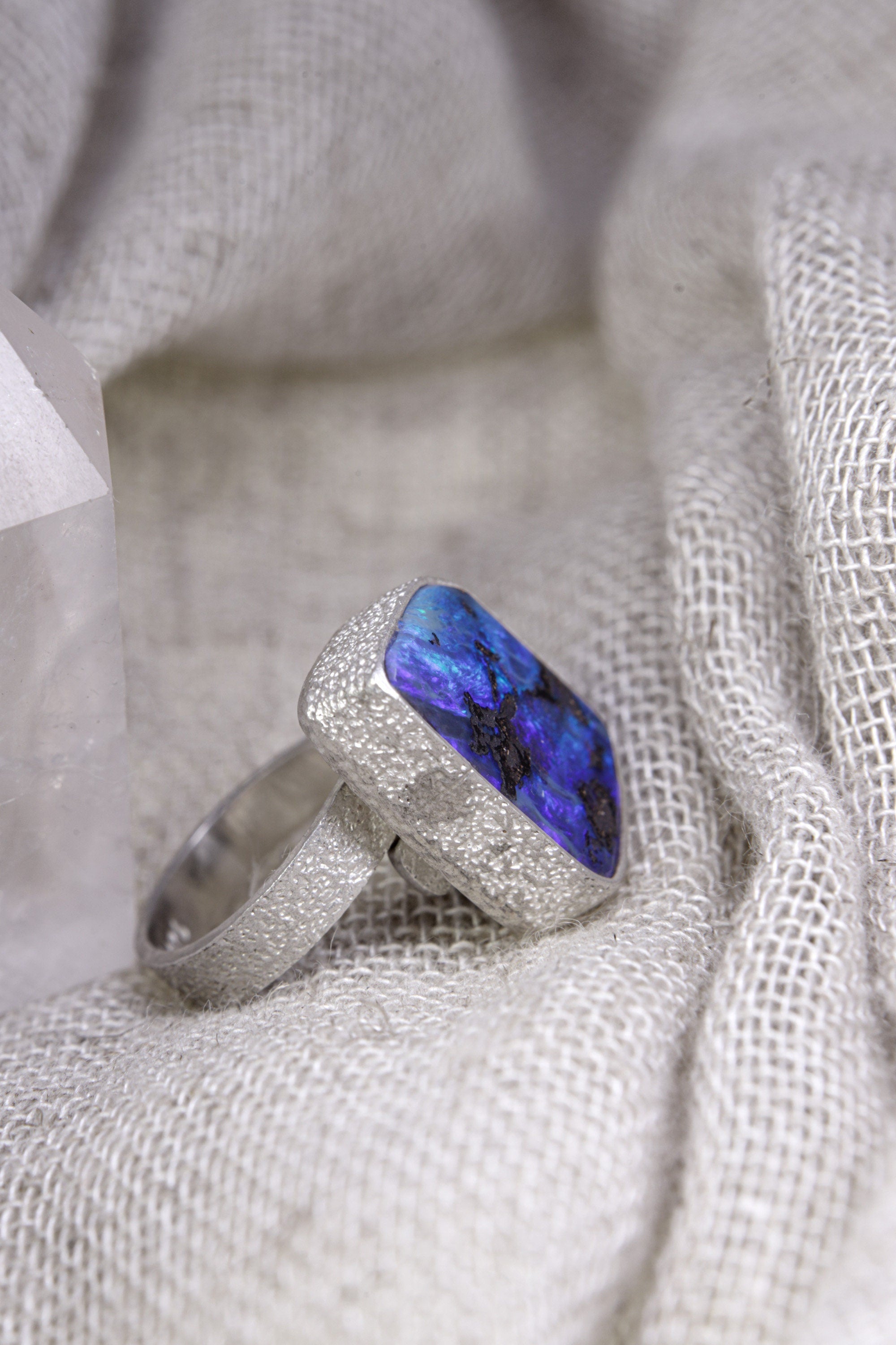 Adjustable Sterling Silver Square Opal Ring: Textured Unisex Design