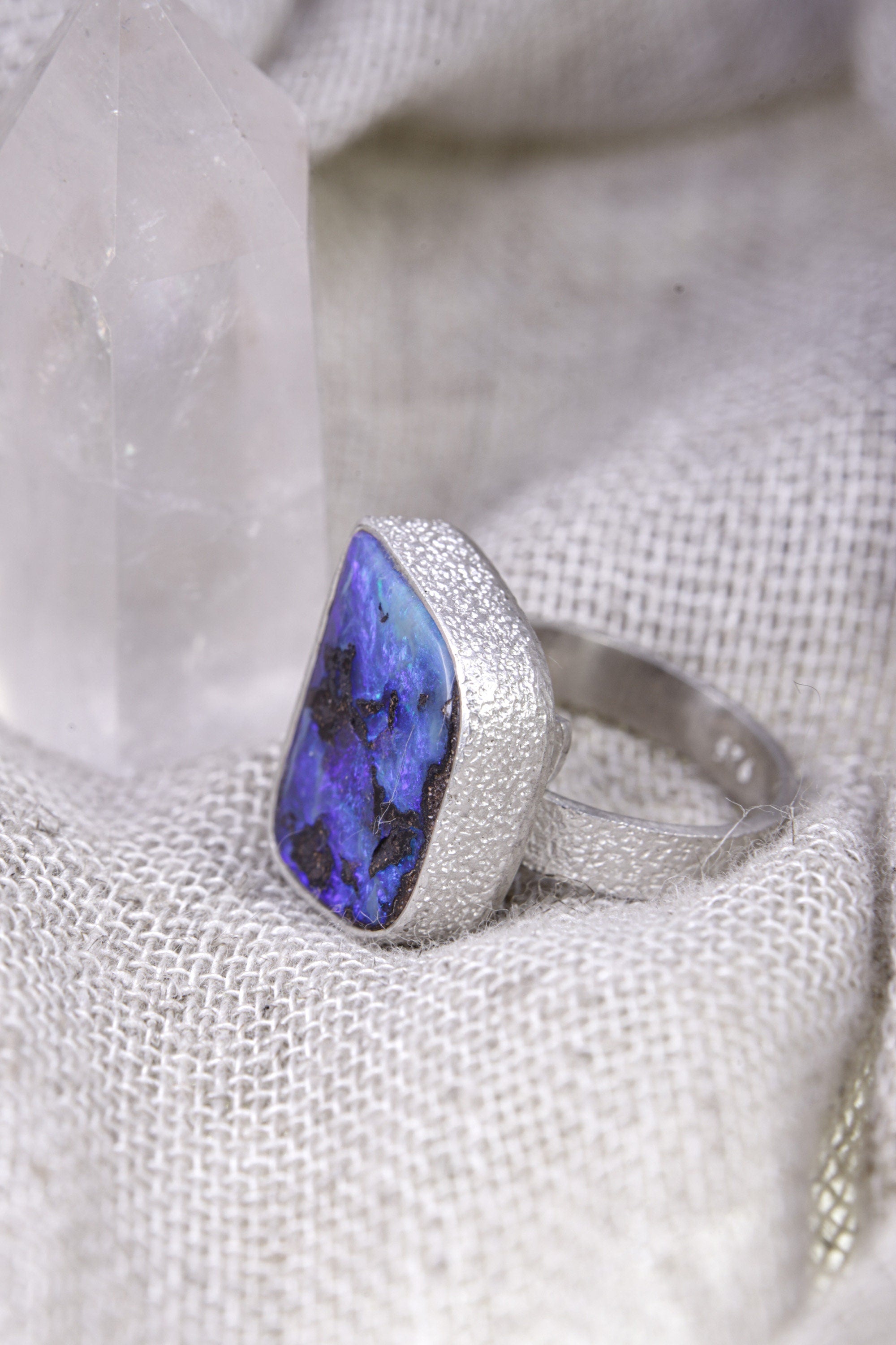 Opal Ring 925 Sterling Silver Adjustable Square Opal Ring High Shine Textured Band Crown Chakra Jewelry Gift