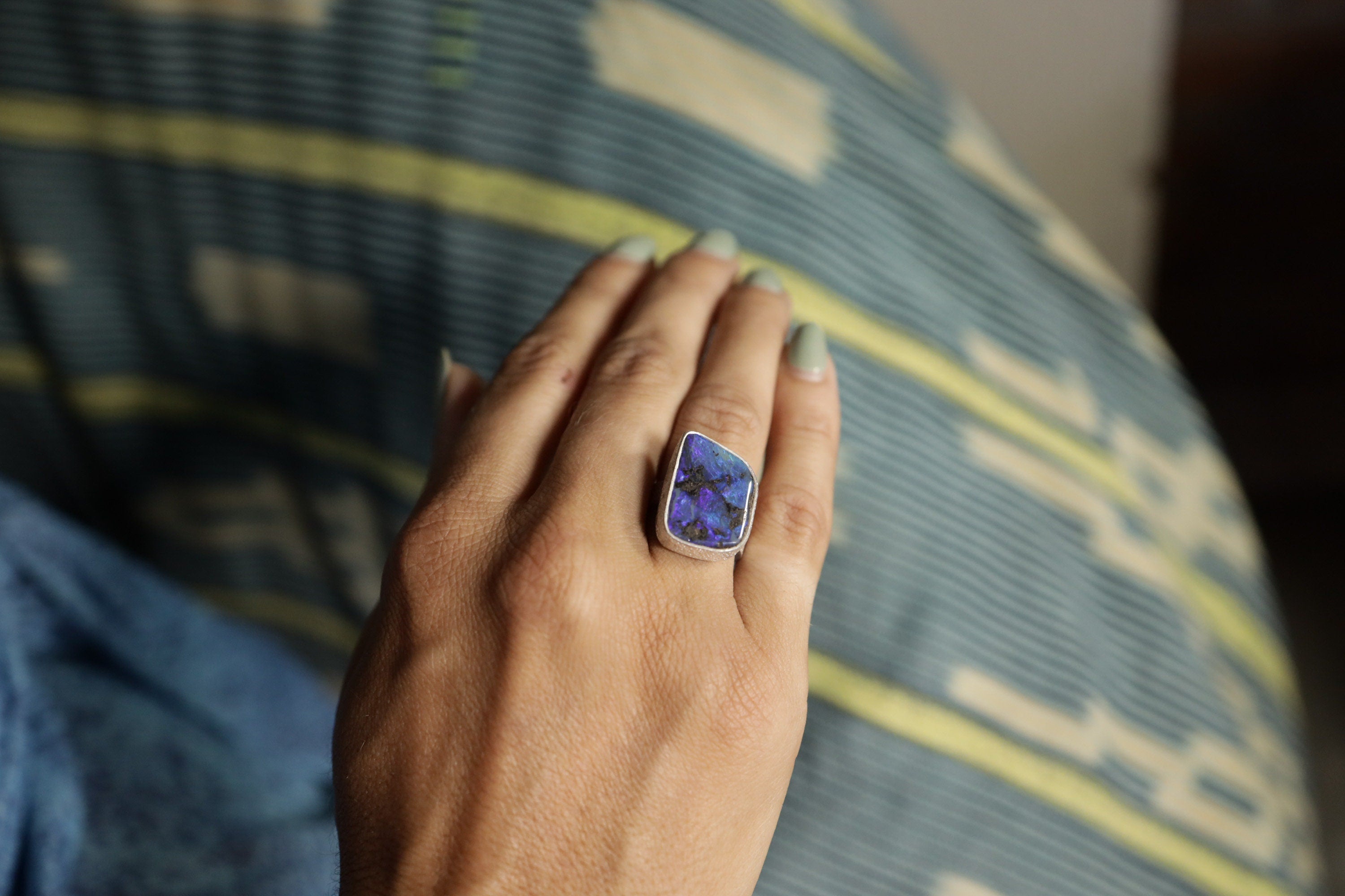 Adjustable Sterling Silver Square Opal Ring: Textured Unisex Design