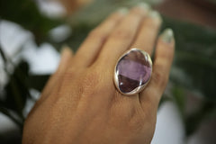 A Sturdy Veil of Elegance and Mystique: Adjustable Sterling Silver Ring with Amethyst Oval - Unisex - Size 5-10 US - NO/01