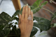Rose Quartz Ring 925 Sterling Silver Adjustable Waved Bezel Triangular Pink Stone Heart Chakra Love Gift