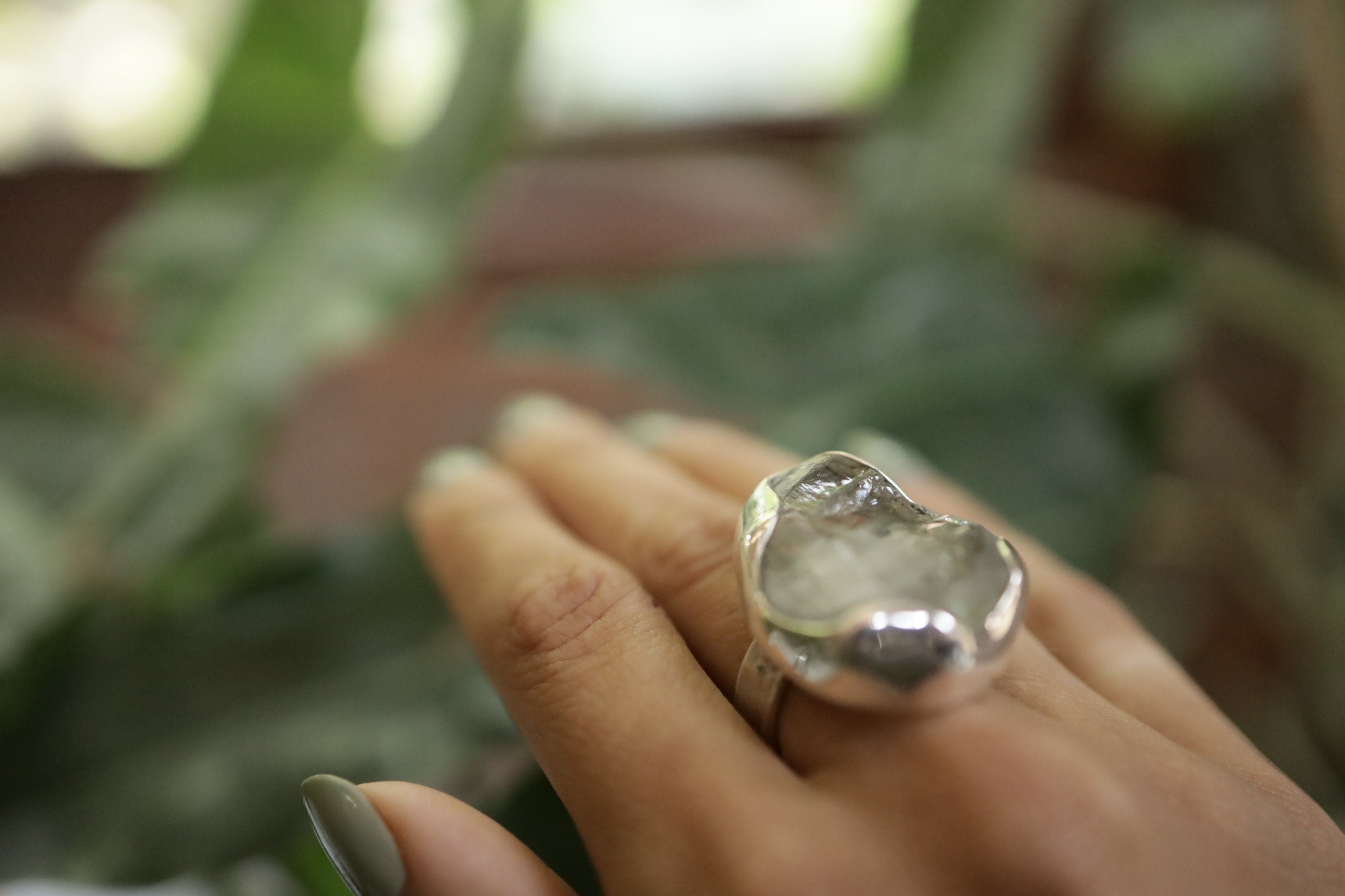 Green Amethyst Ring 925 Sterling Silver Adjustable Waved Bezel Prasiolite Heart Chakra Nature Gift