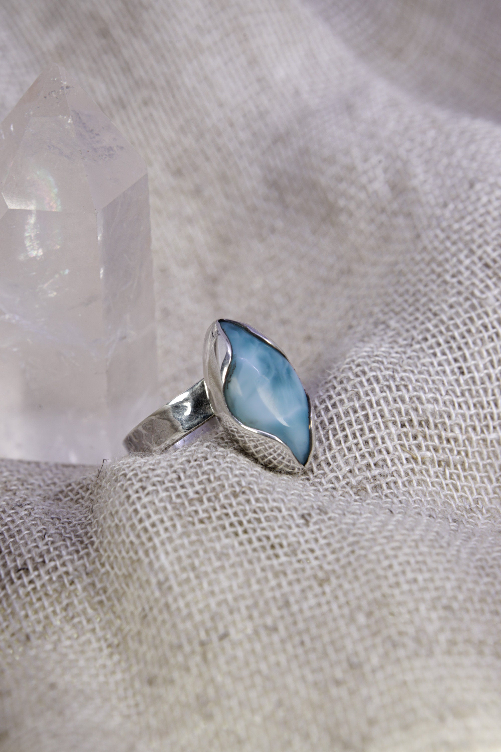 Larimar Ring 925 Sterling Silver Adjustable Eye Shape Stone Waved Bezel Throat Chakra Ocean Jewelry Gift