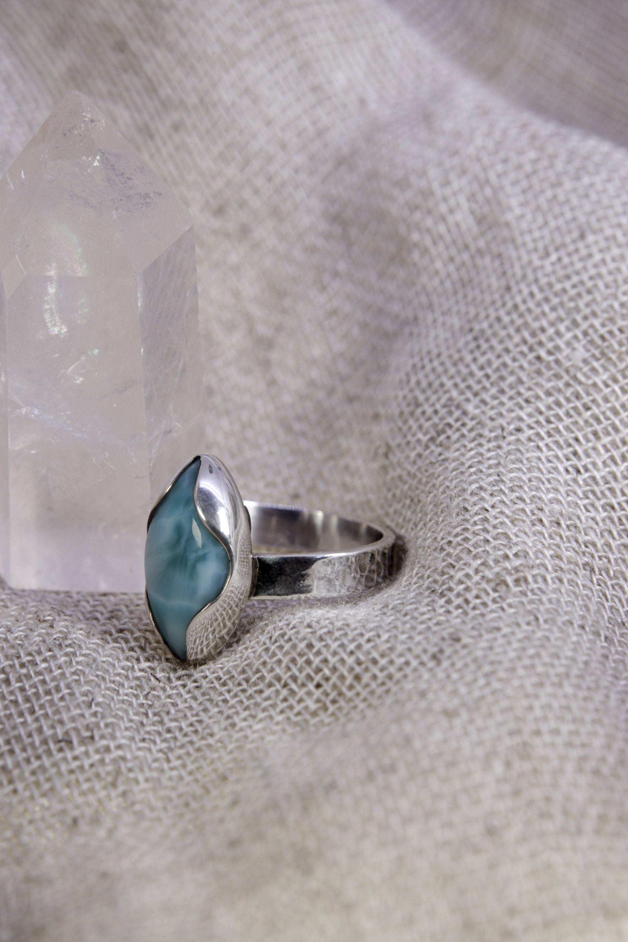 Vision of Serenity: Adjustable Sterling Silver Ring with Eye Shaped Larimar - Unisex - Size 5-10 US - NO/01