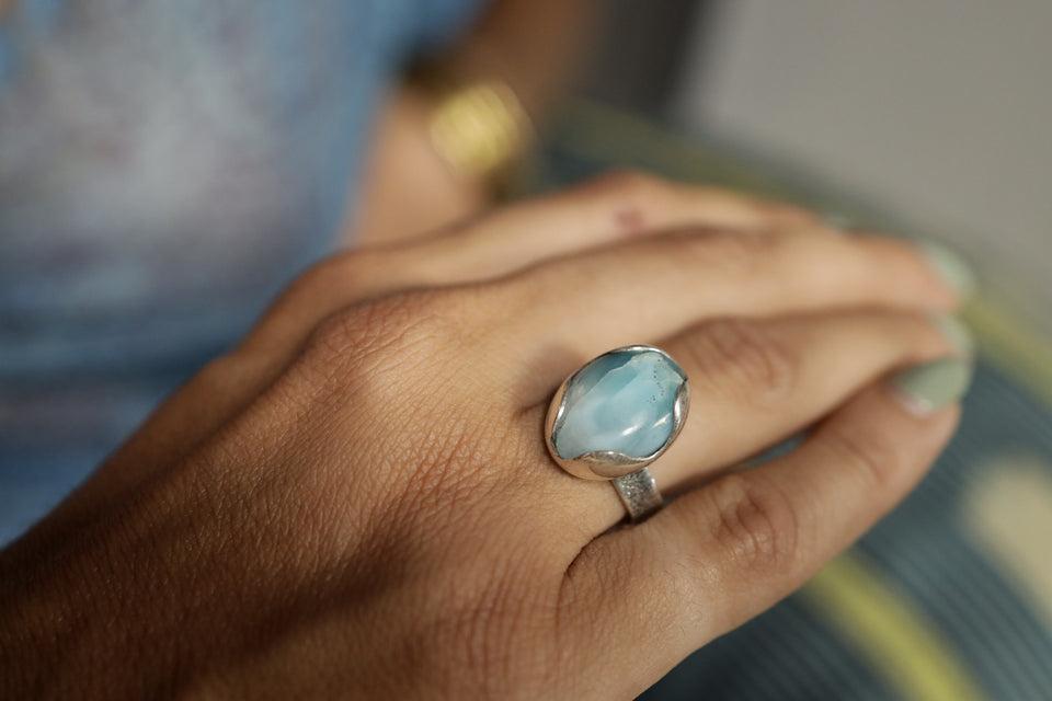 Adjustable Oval Larimar Sterling Silver Ring - Size 5-12