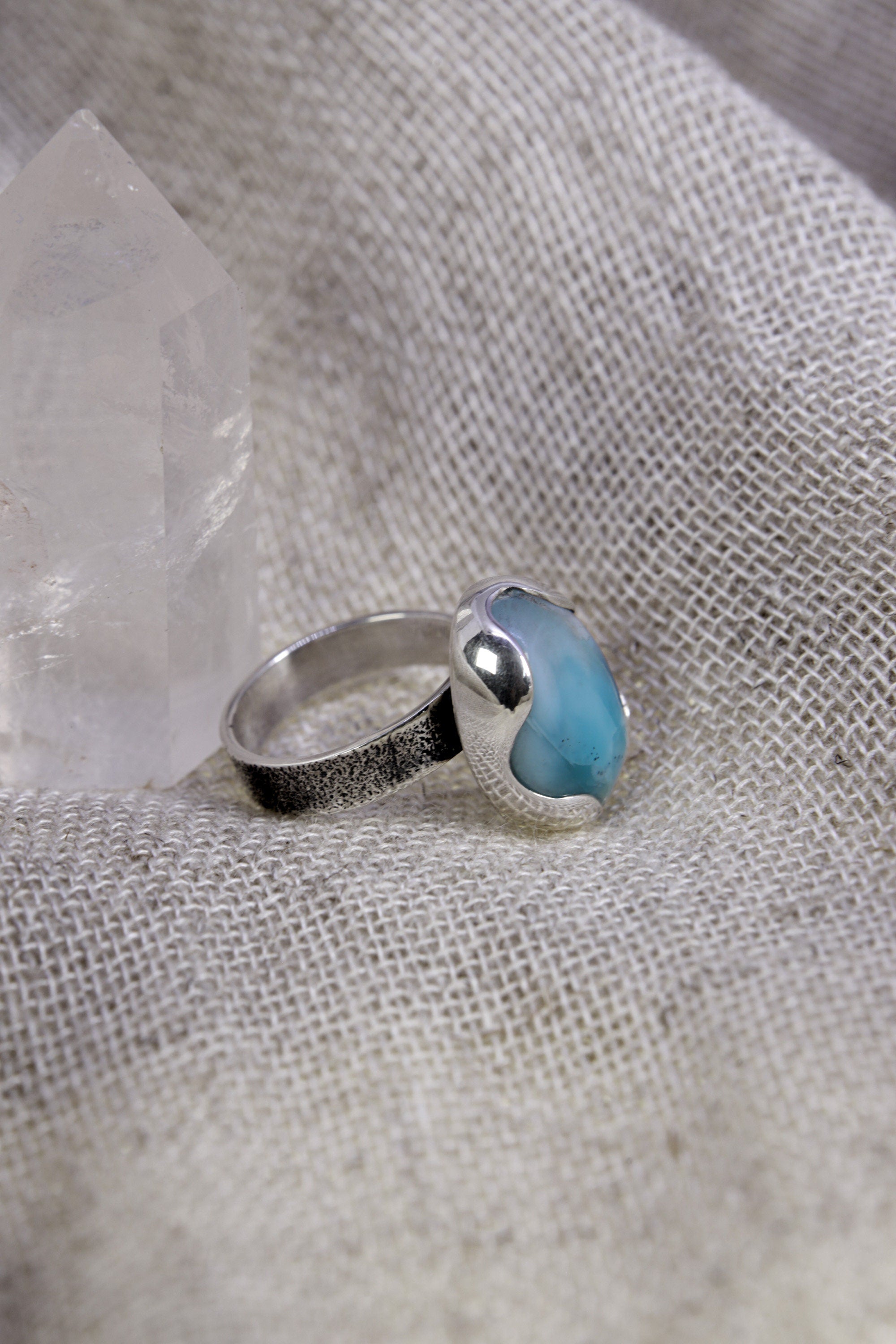 Adjustable Oval Larimar Sterling Silver Ring - Size 5-12