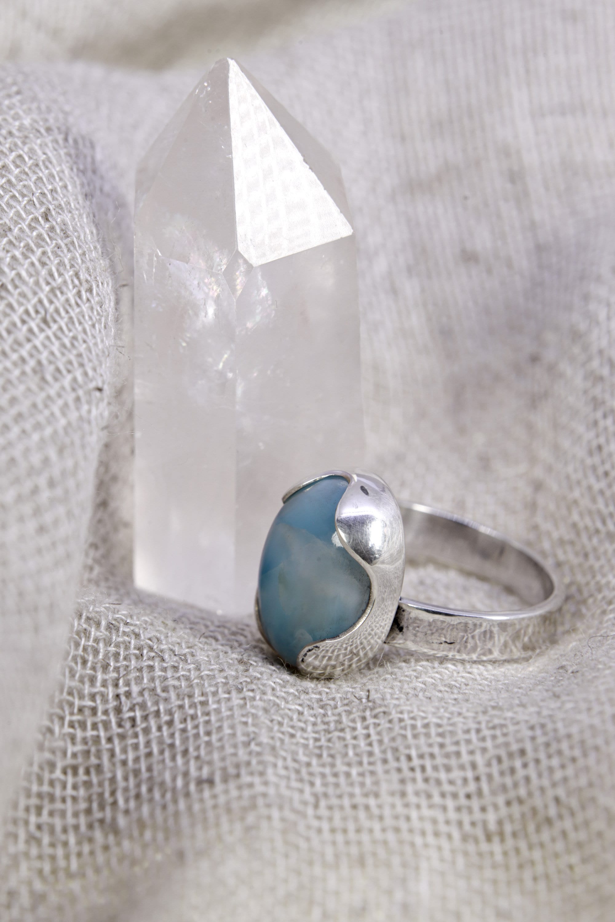 Oval Larimar Ring 925 Sterling Silver Adjustable Waved Bezel Throat Chakra Ocean Blue Jewelry Gift