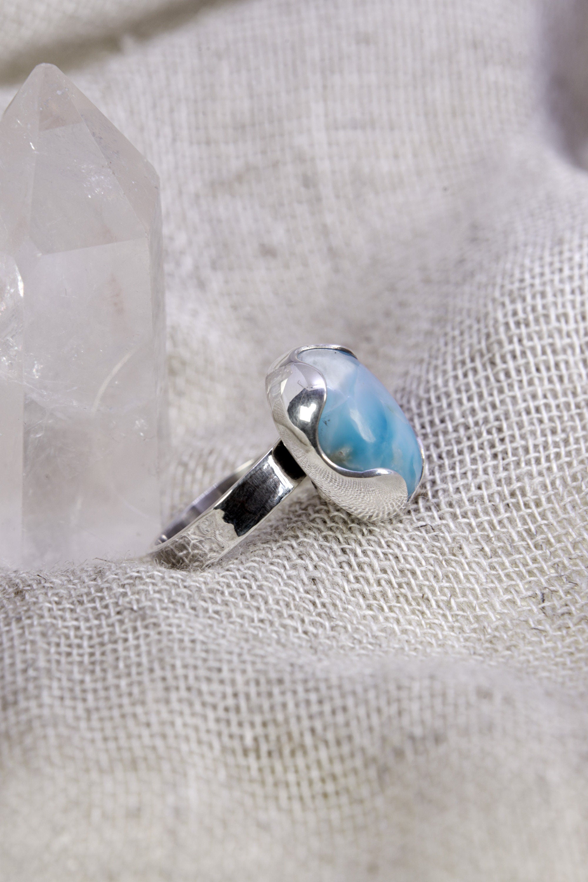 Oval Larimar Ring 925 Sterling Silver Adjustable Waved Bezel Throat Chakra Ocean Blue Jewelry Gift