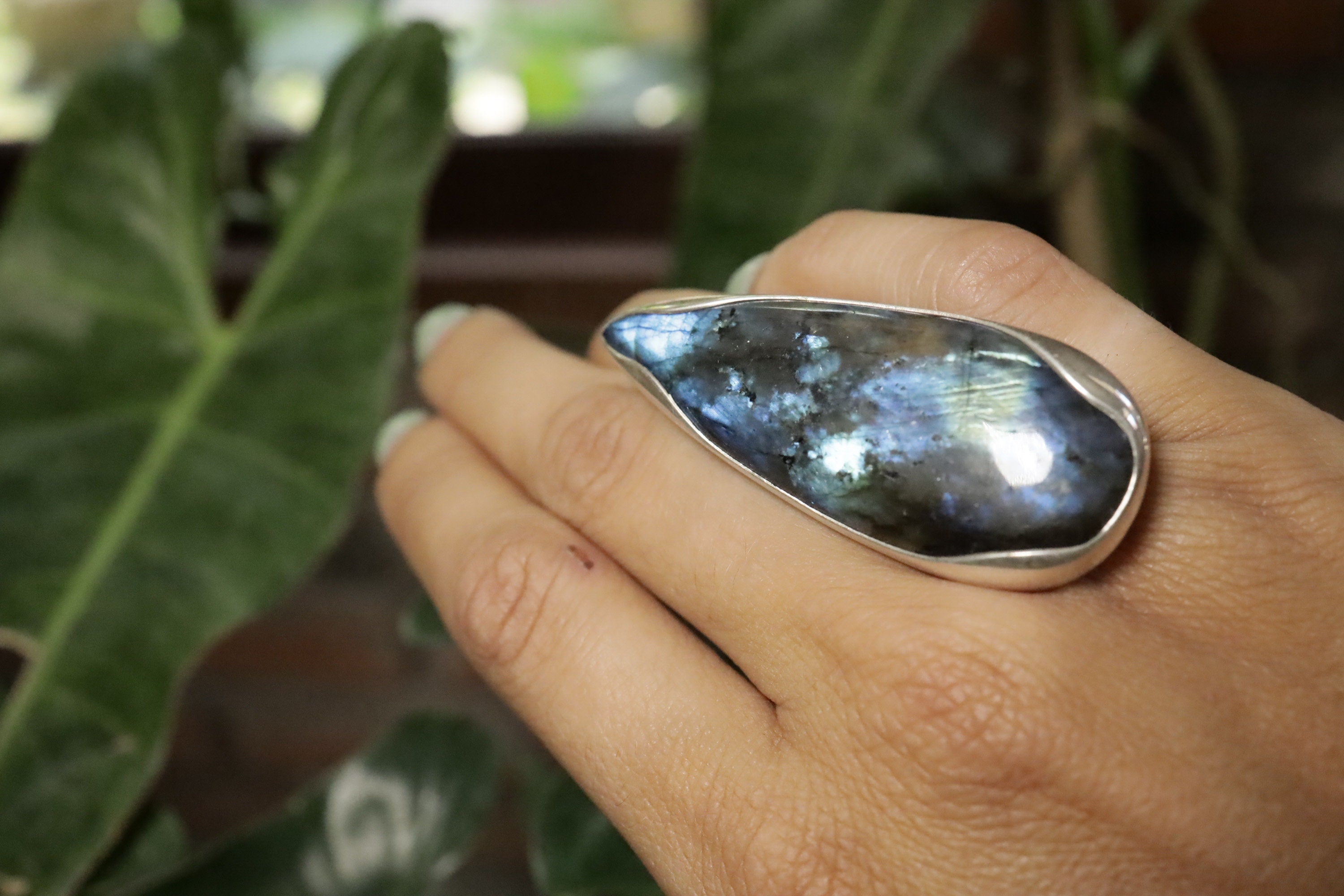 Teardrop Labradorite Ring 925 Sterling Silver Adjustable Waved Bezel Third Eye Chakra Aurora Flash Gift