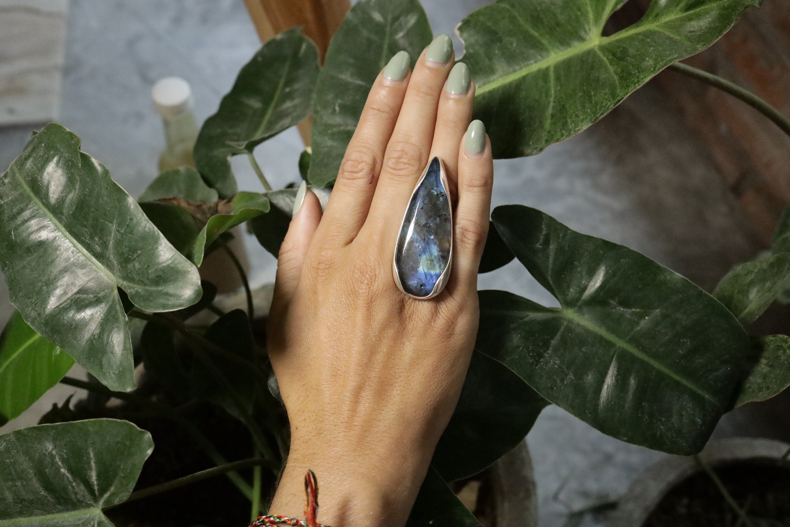 Teardrop Labradorite Ring 925 Sterling Silver Adjustable Waved Bezel Third Eye Chakra Aurora Flash Gift
