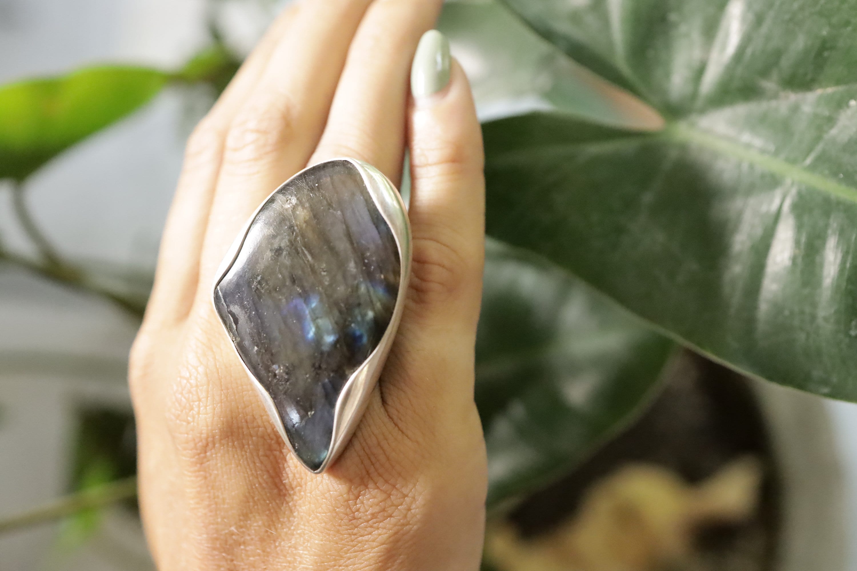 Tooth Labradorite Ring 925 Sterling Silver Adjustable Waved Bezel Third Eye Chakra Protection Gift