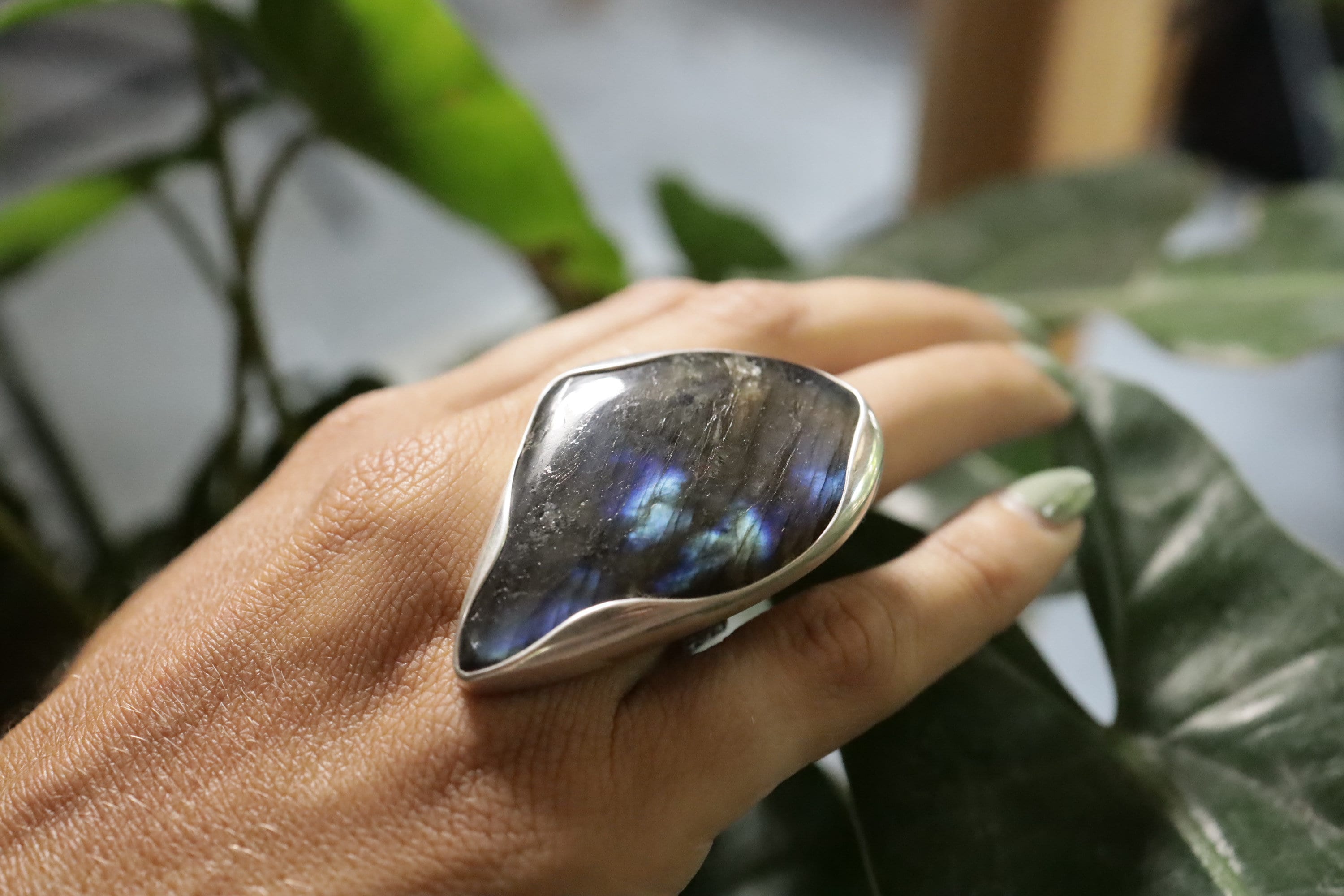 Tooth Labradorite Ring 925 Sterling Silver Adjustable Waved Bezel Third Eye Chakra Protection Gift