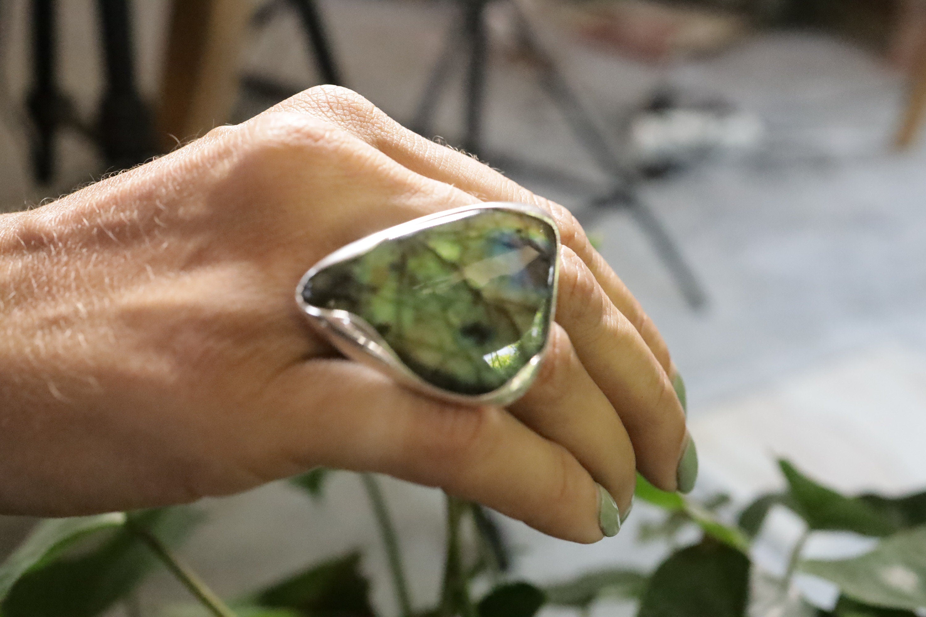 Triangular Labradorite Ring 925 Sterling Silver Adjustable Waved Bezel Third Eye Crown Chakra Gift