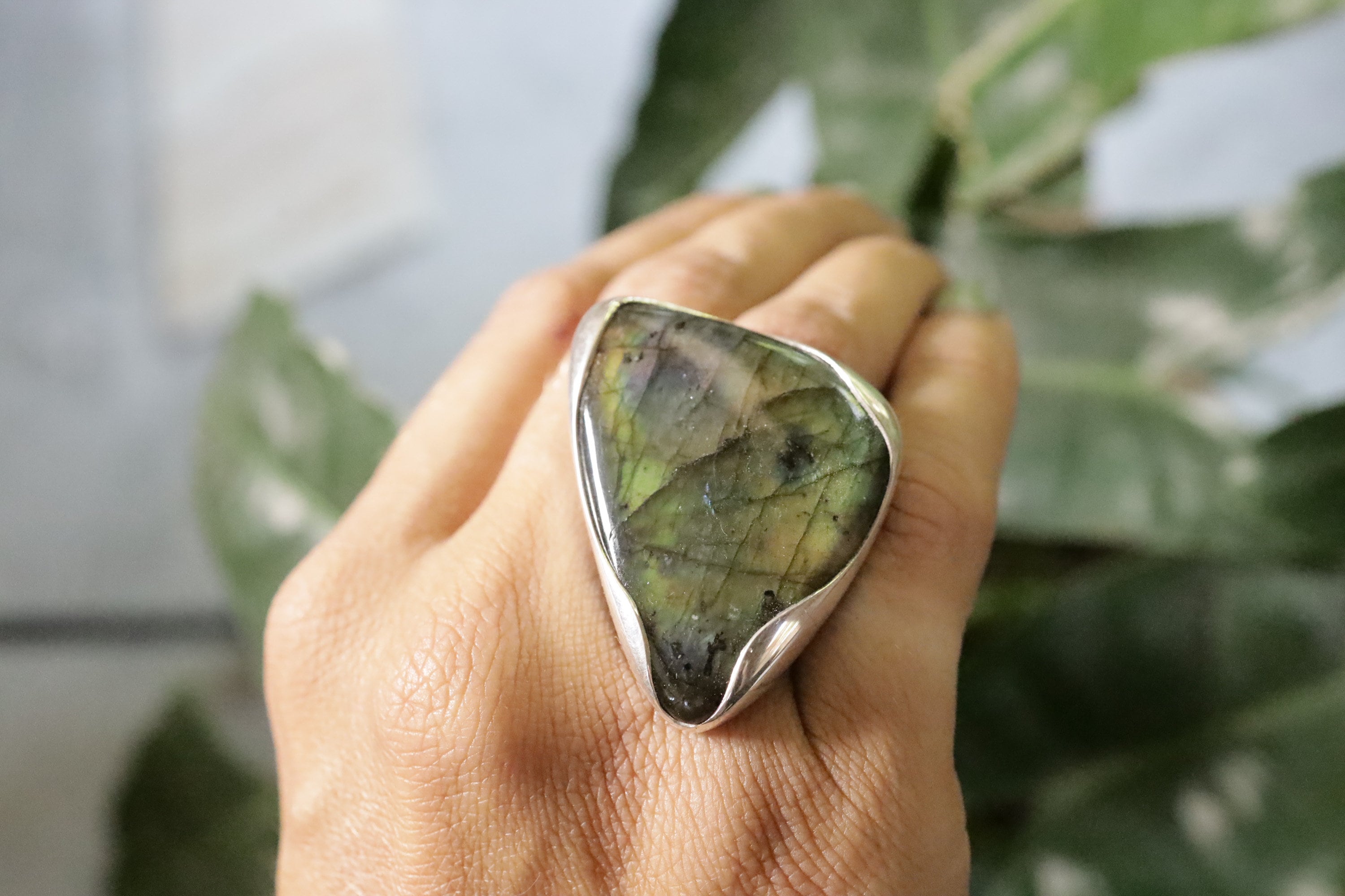Triangular Labradorite Ring 925 Sterling Silver Adjustable Waved Bezel Third Eye Crown Chakra Gift