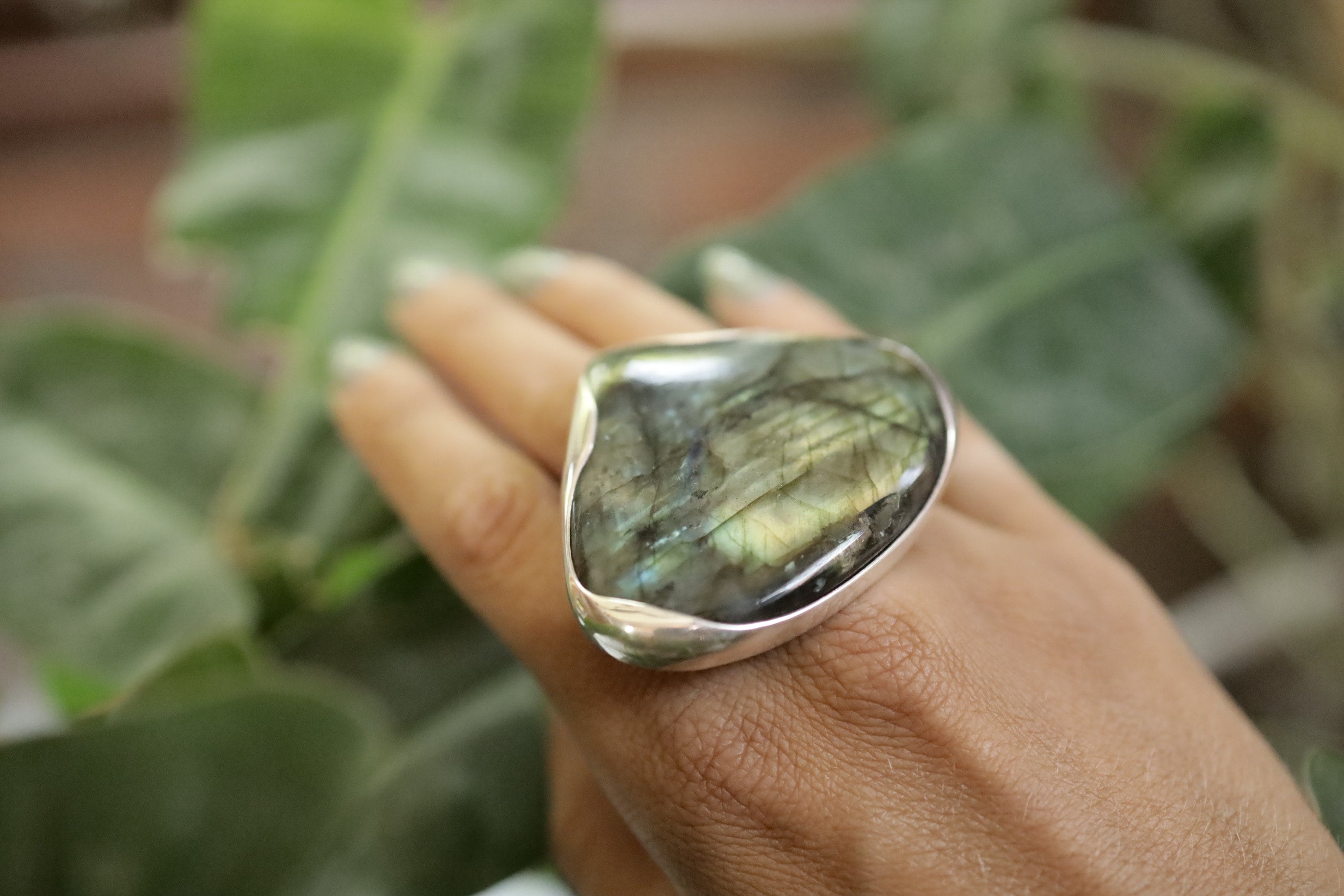 Teardrop Labradorite Ring 925 Sterling Silver Adjustable Waved Bezel Third Eye Chakra Statement Gift