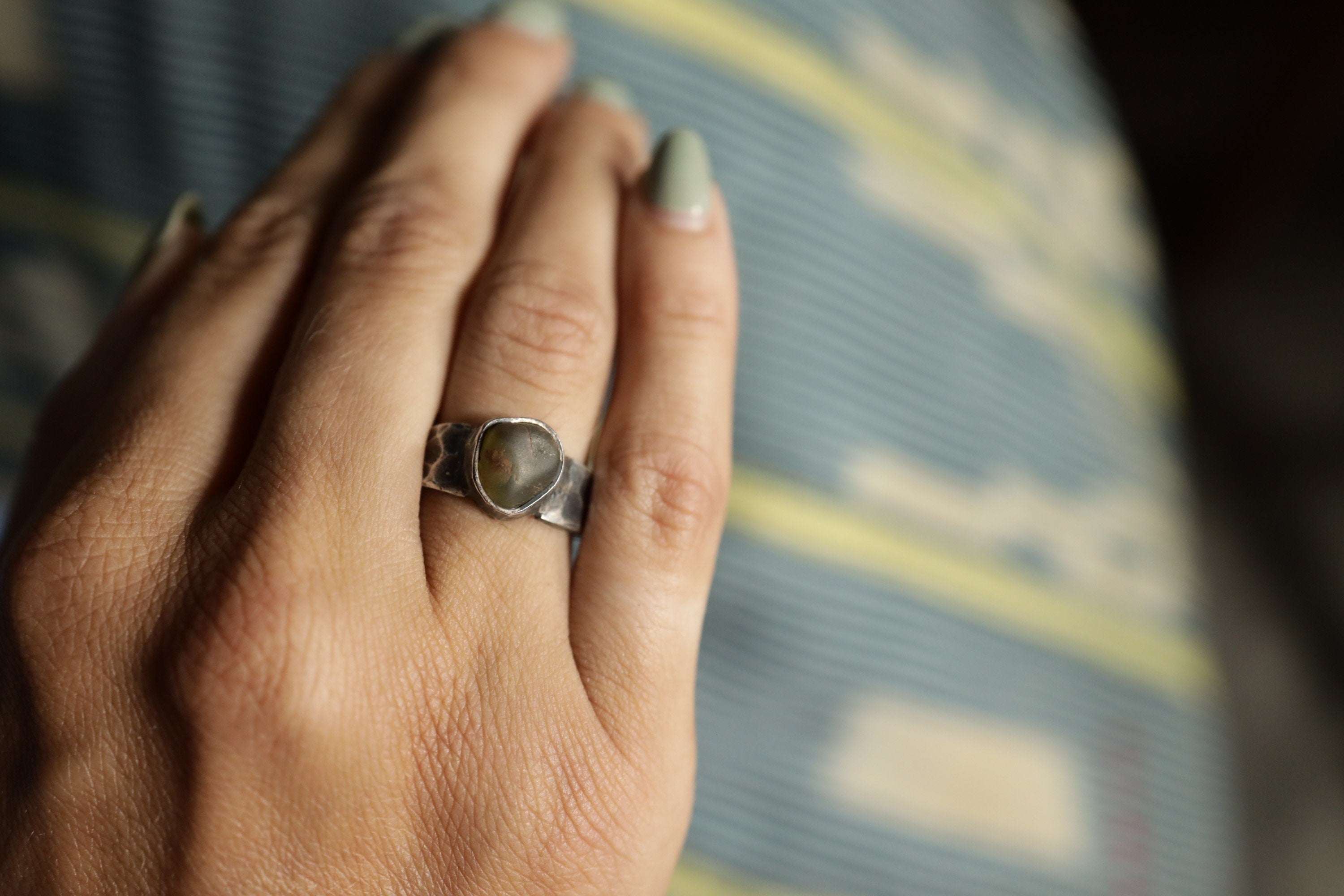 Verdant Oasis: Sterling Silver Ring with River Tumbled Australian Peridot - Textured & Oxidised - Size 7