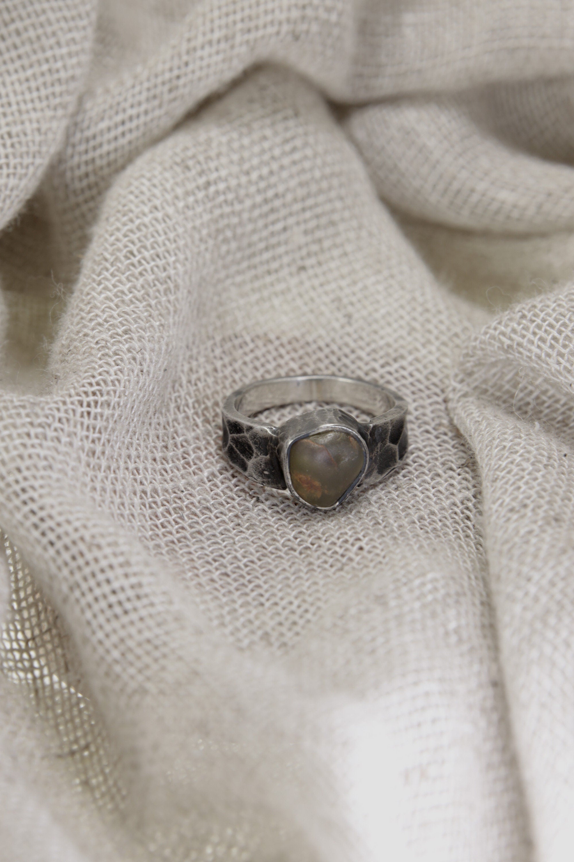 Verdant Oasis: Sterling Silver Ring with River Tumbled Australian Peridot - Textured & Oxidised - Size 7