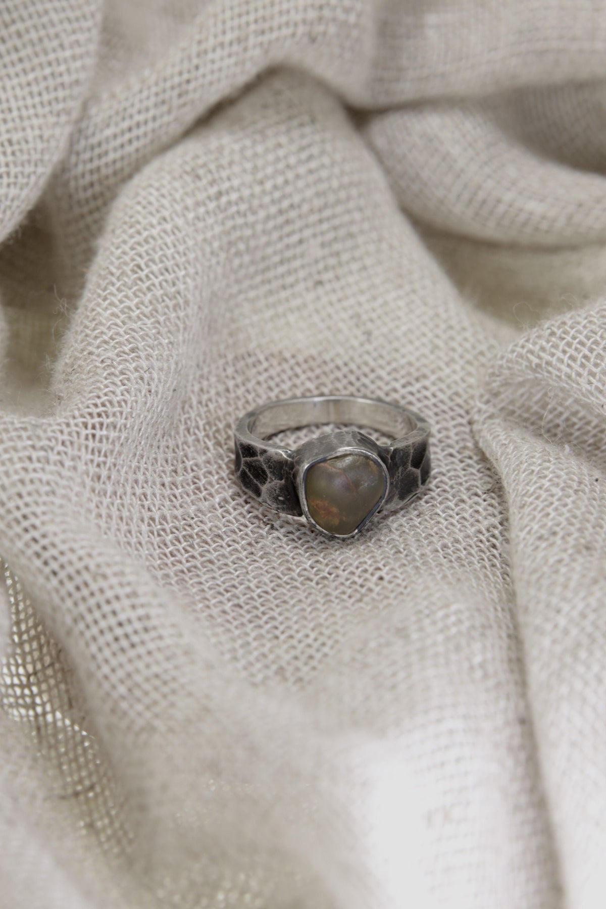 Verdant Oasis: Sterling Silver Ring with River Tumbled Australian Peridot - Textured & Oxidised - Size 7
