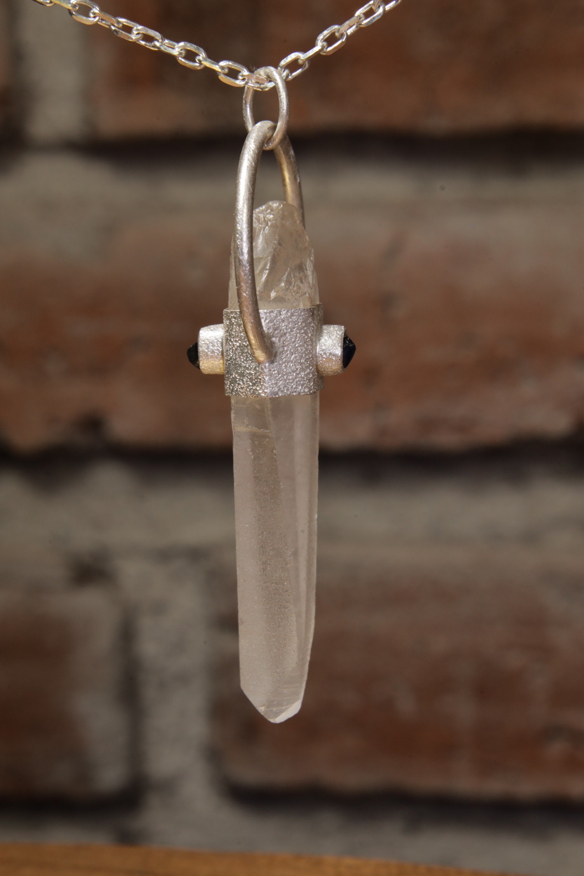 Sterling Silver Sand-Textured Crystal Pendant with Australian Lemurian Quartz and Sapphire