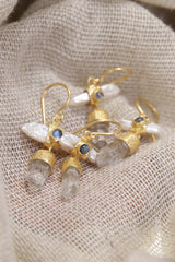 Elegant Gold Plated 925 Sterling Silver Dangle Hook Earrings with Pearl, Australian Quartz, Moonstone Lux Sand Textured Petite Cross Design