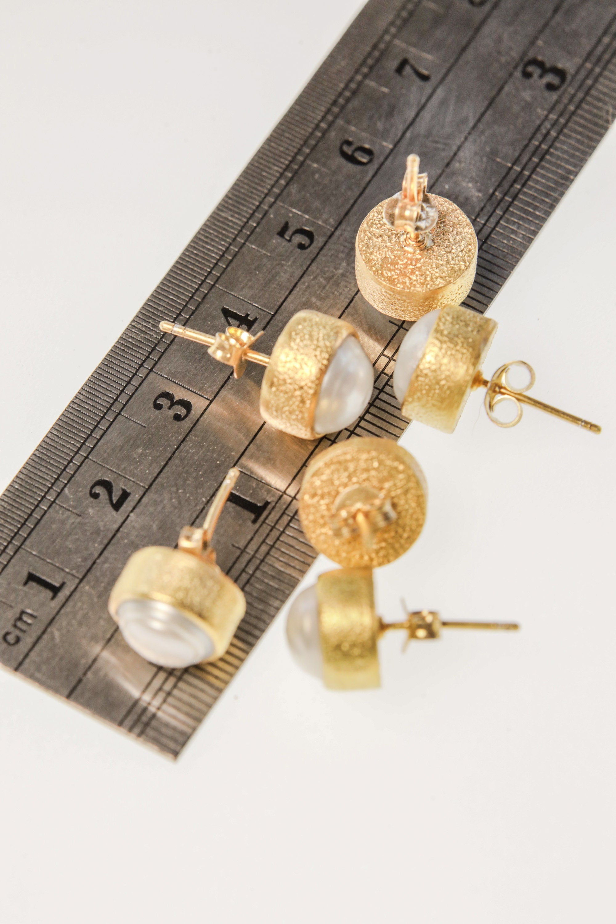 South Sea Pearl Stud Earrings: Sand Textured Gold Plated Sterling Silver