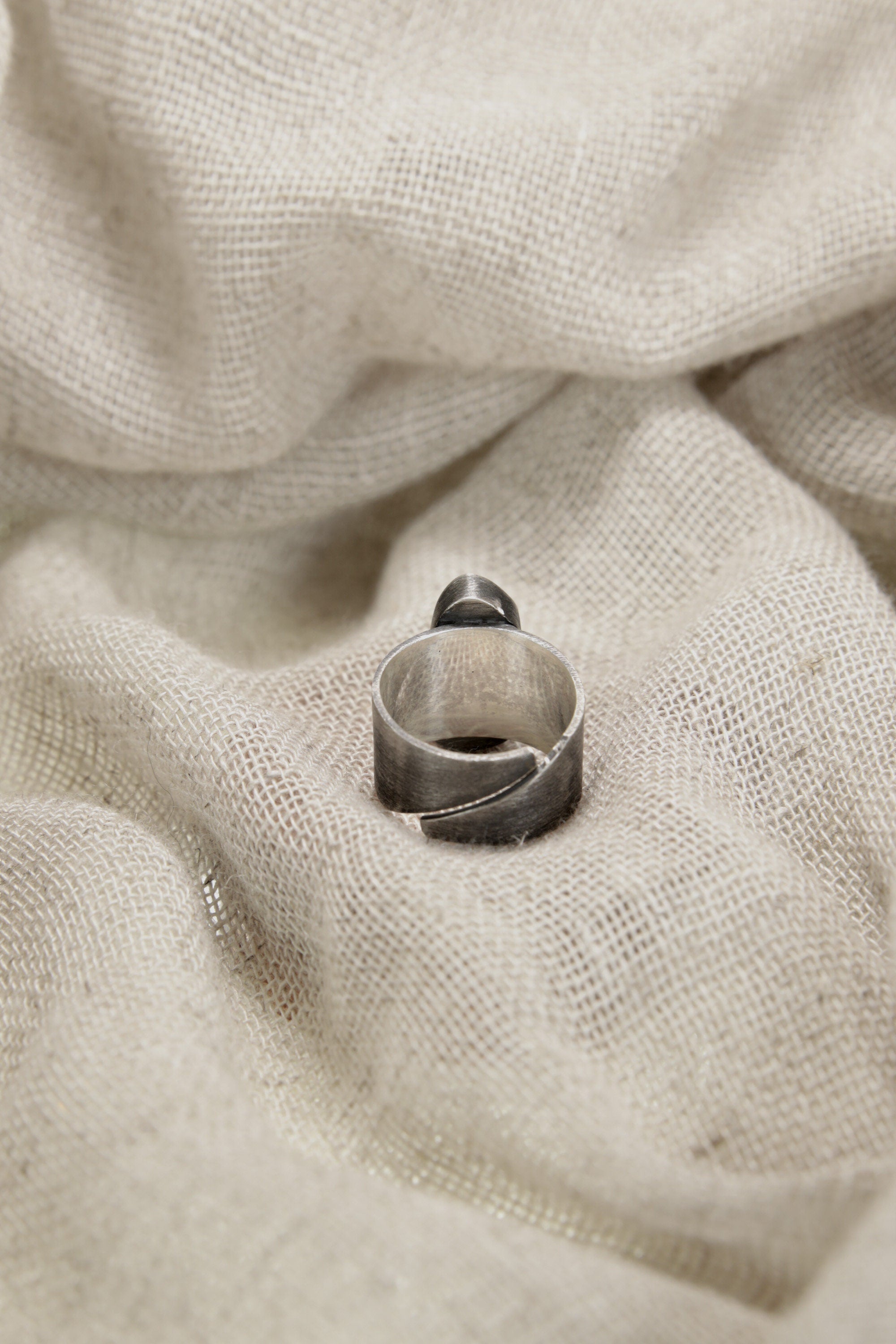 Back view of Vera Cruz Amethyst ring showing adjustable sterling silver band and oxidized handmade construction.