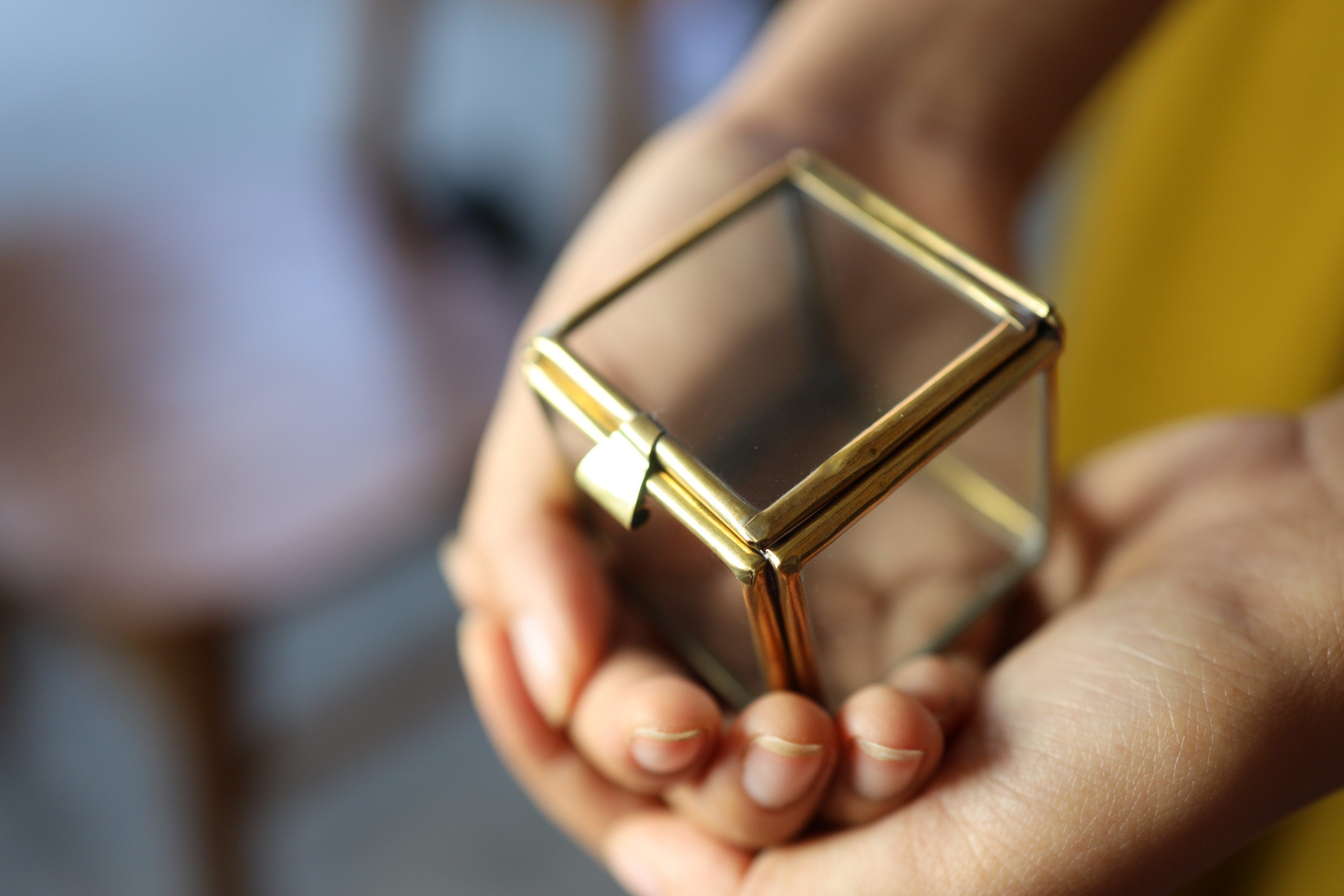 Square Glass Brass Jewelry Display Box Gold Toned Ring Earring Case 4.5cm Gem Storage Keepsake Gift Box