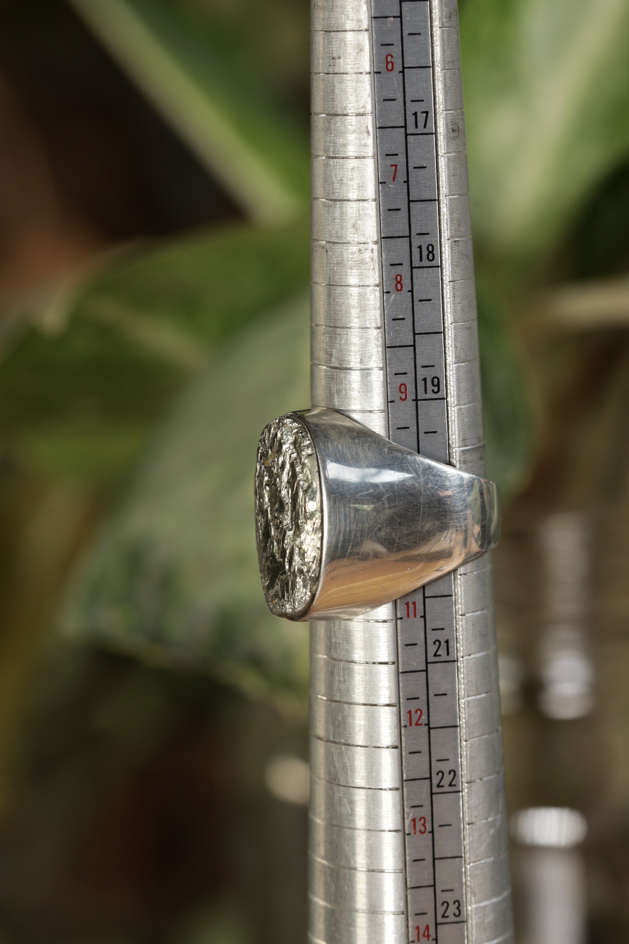 Unisex Sterling Silver Ring Size 10 US Features a Raw Pyrite Cabochon in Hollow Boho Style Design with a Rugged Crystal Appeal