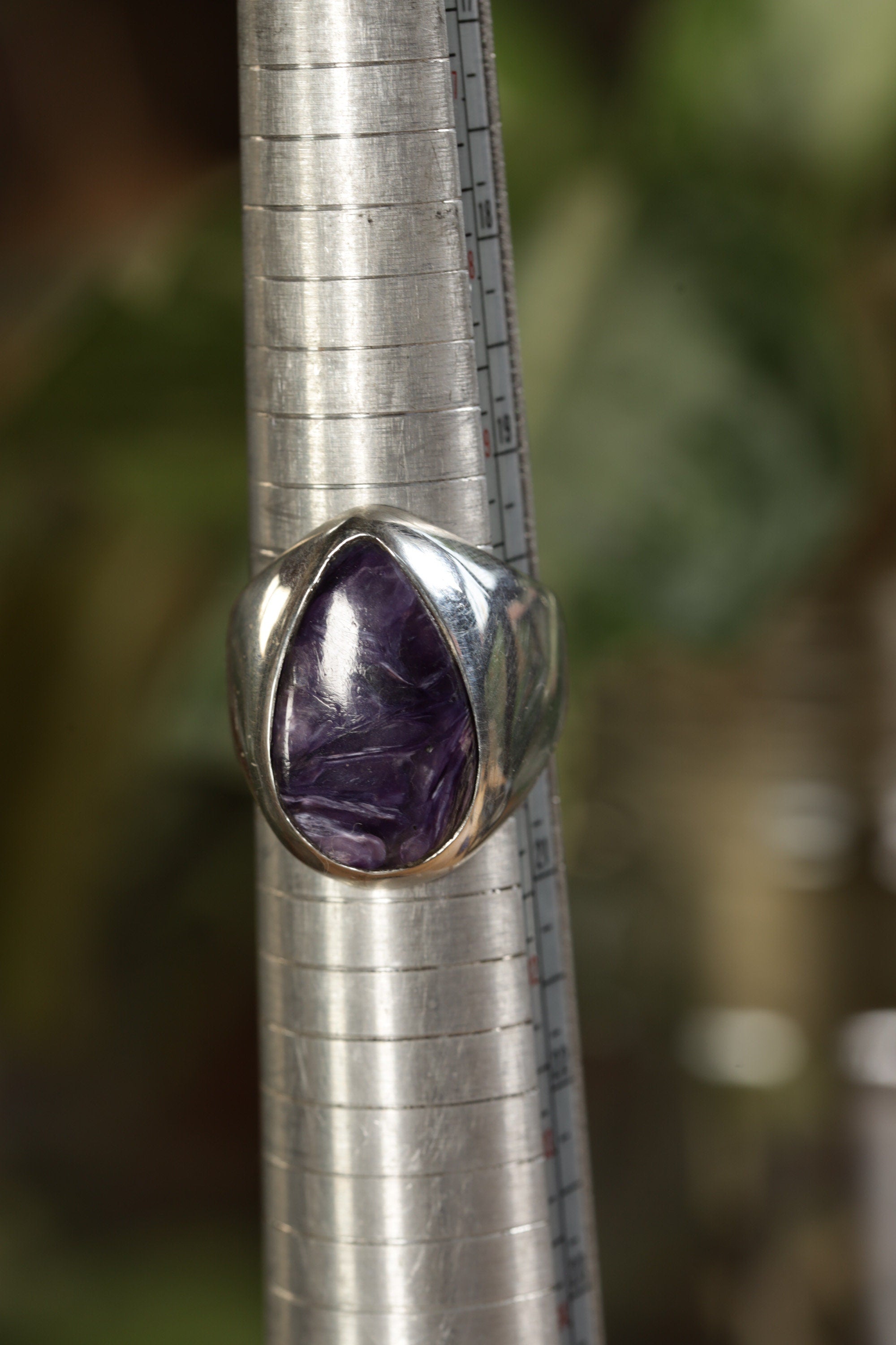 Unique Sterling Silver Ring, Light Strong Hollow Band with Charoite Cabochon, Psychedelic Crystal, Unisex Size 10 US