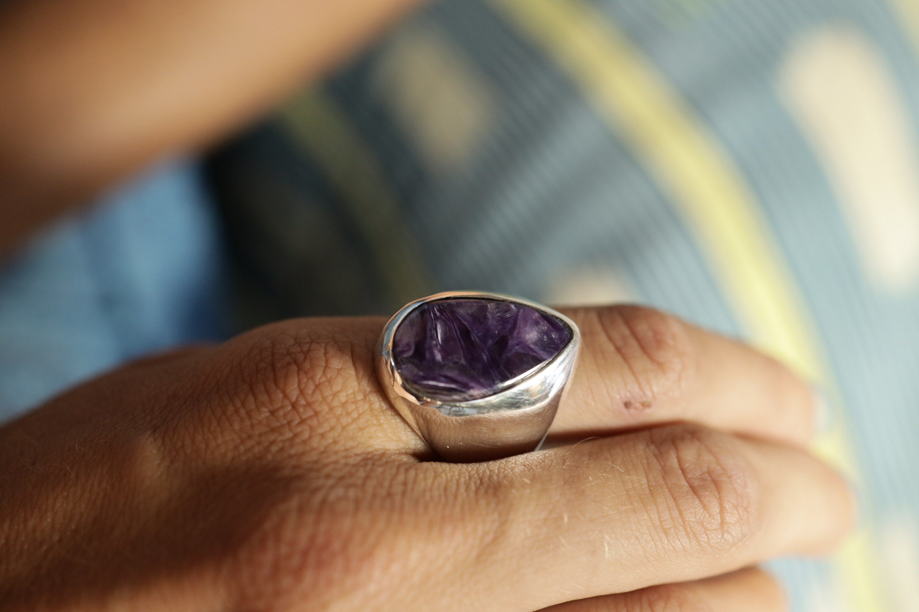 Unique Sterling Silver Ring, Light Strong Hollow Band with Charoite Cabochon, Psychedelic Crystal, Unisex Size 10 US
