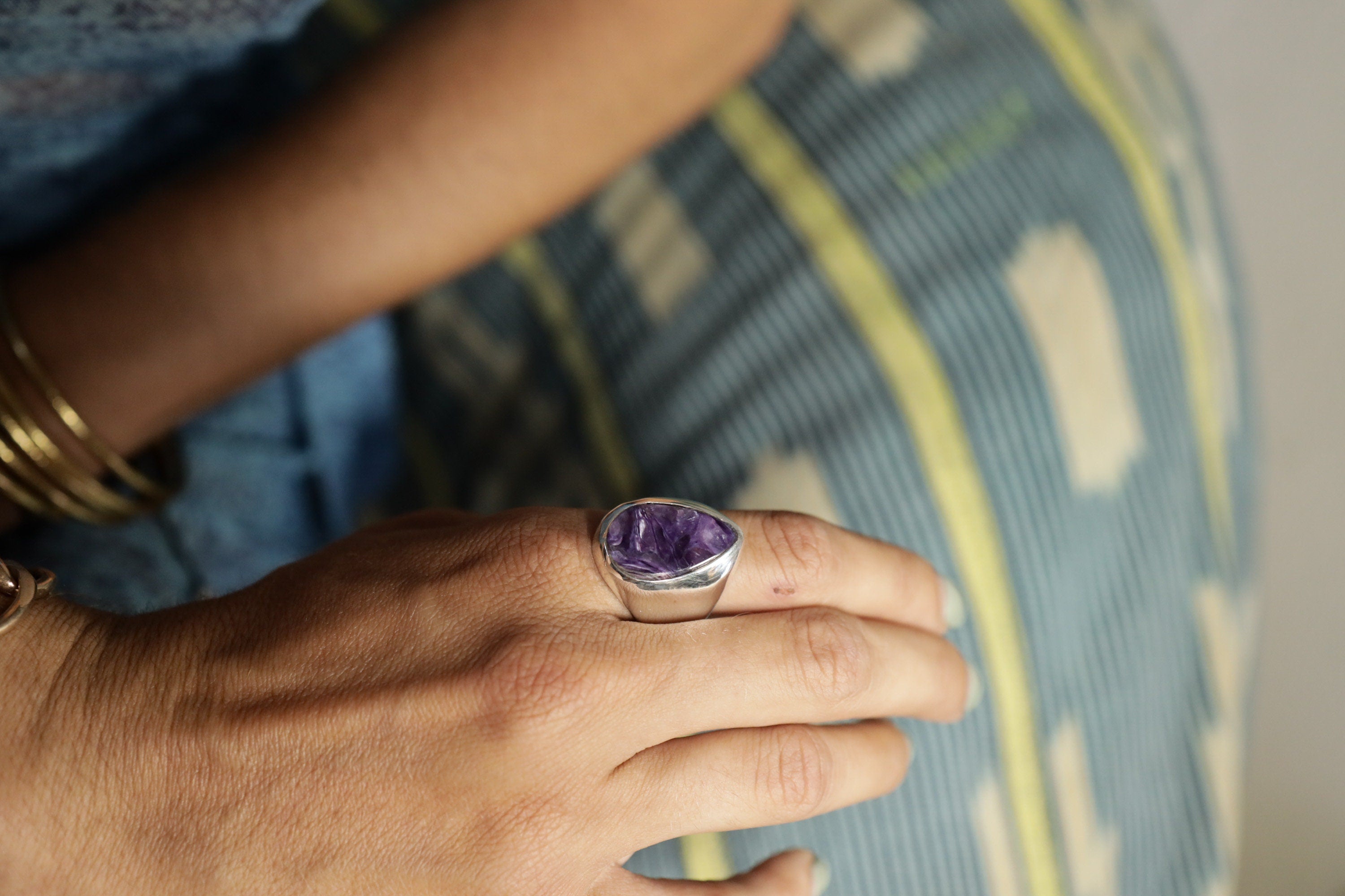 Unique Sterling Silver Ring, Light Strong Hollow Band with Charoite Cabochon, Psychedelic Crystal, Unisex Size 10 US