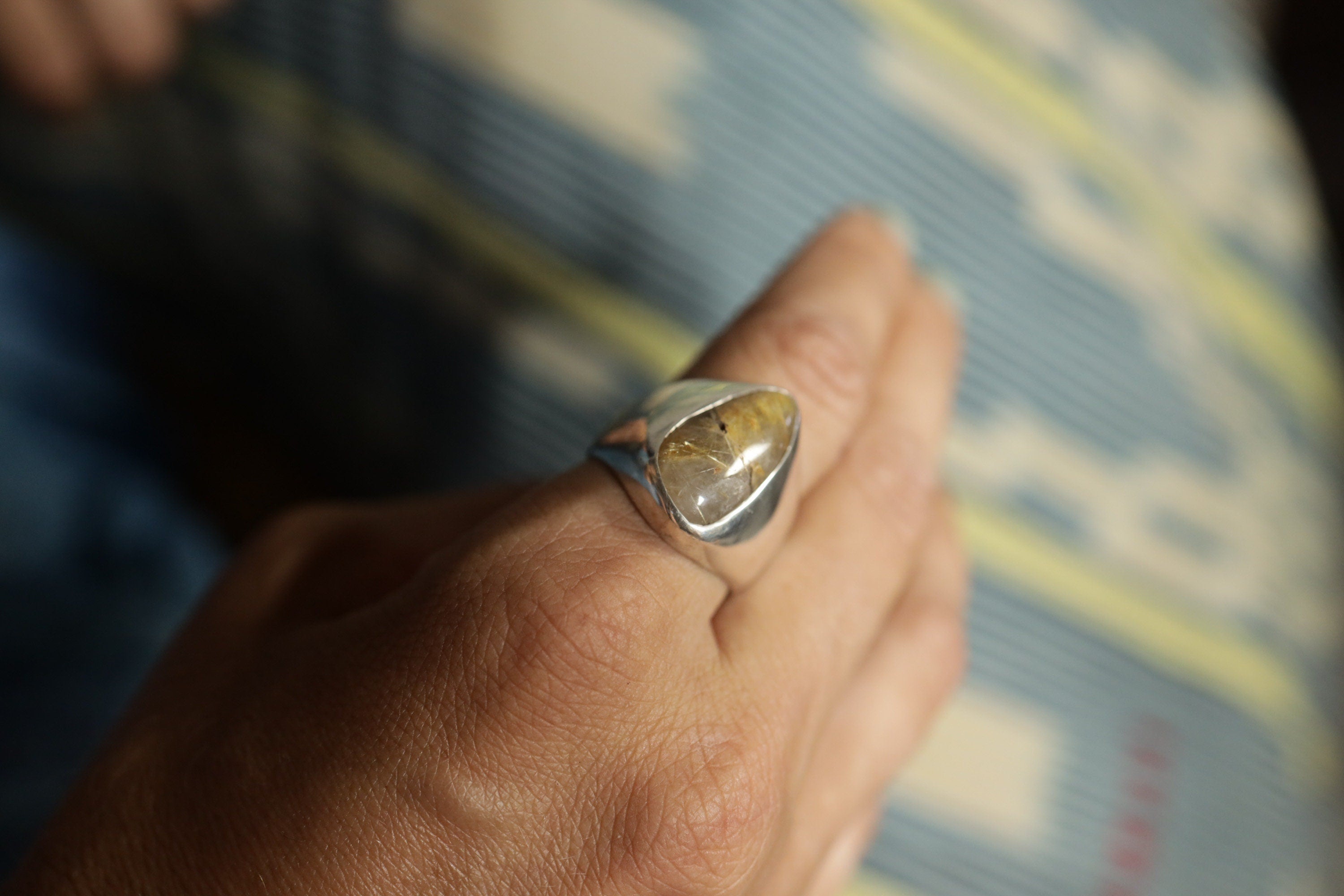 Sterling Silver Hollow Ring, Golden Rutile Quartz Cabochon, Size 11 US, Unisex Modern Design, Sleek and Stylish Jewelry, Unique Gift