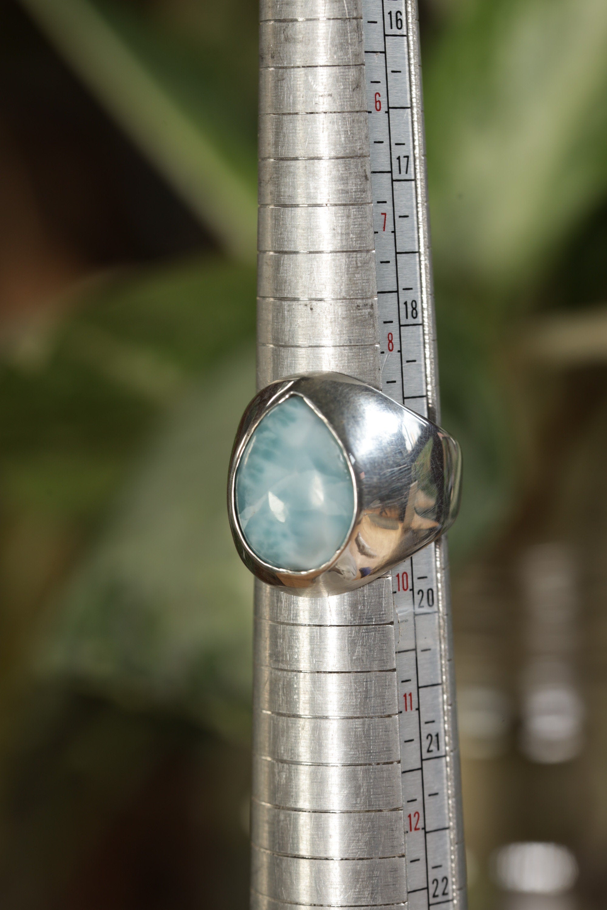 Azure Calm: Sterling Silver Hollow Band Ring with Aqua Blue Larimar Cabochon, Unisex, Size 9 US, Elegant Ocean-Inspired Jewelry