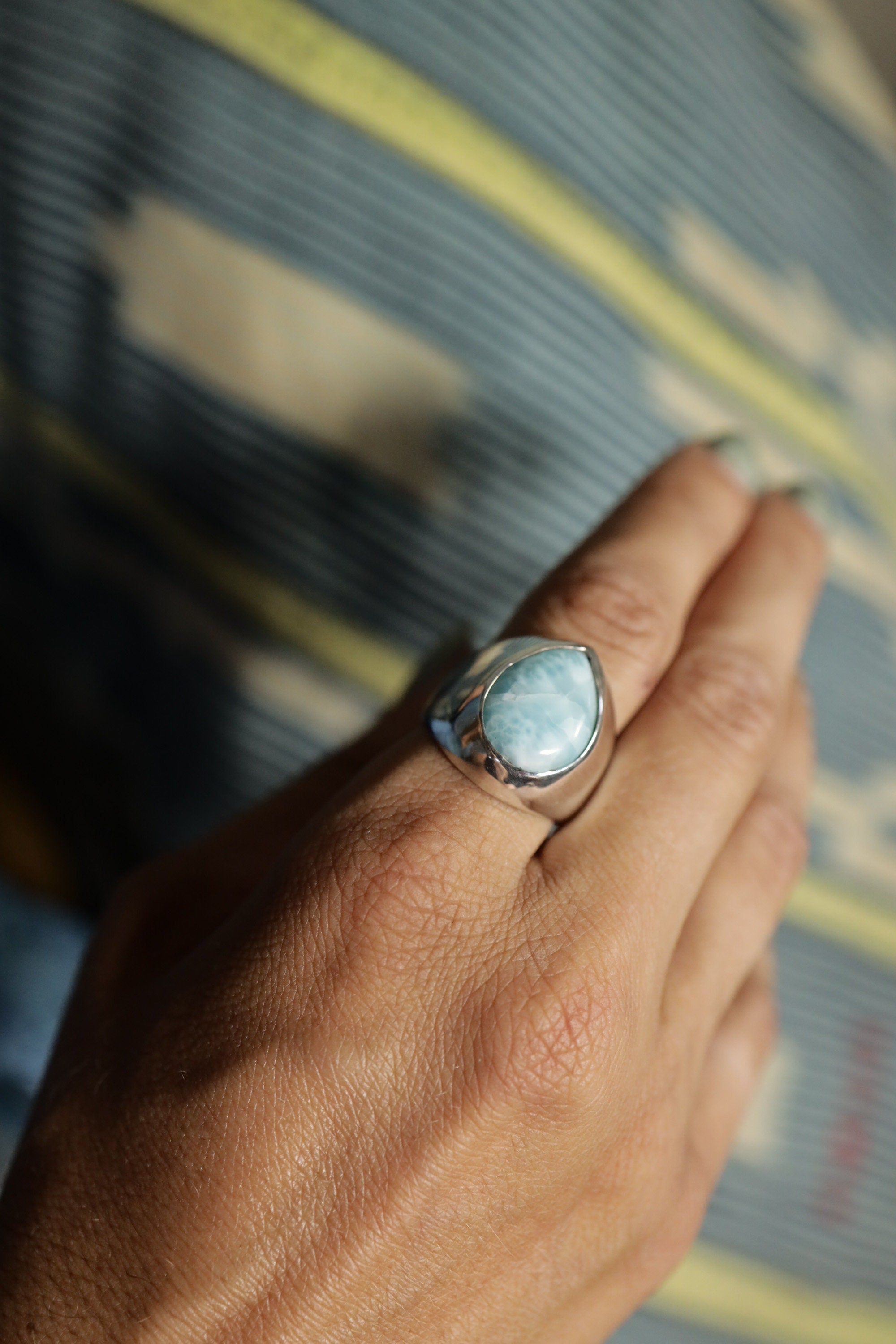 Larimar Ring 925 Sterling Silver Hollow Band Blue Cabochon Throat Chakra Pisces Leo Ocean Jewelry Gift Size 9