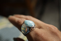 Azure Calm: Sterling Silver Hollow Band Ring with Aqua Blue Larimar Cabochon, Unisex, Size 9 US, Elegant Ocean-Inspired Jewelry