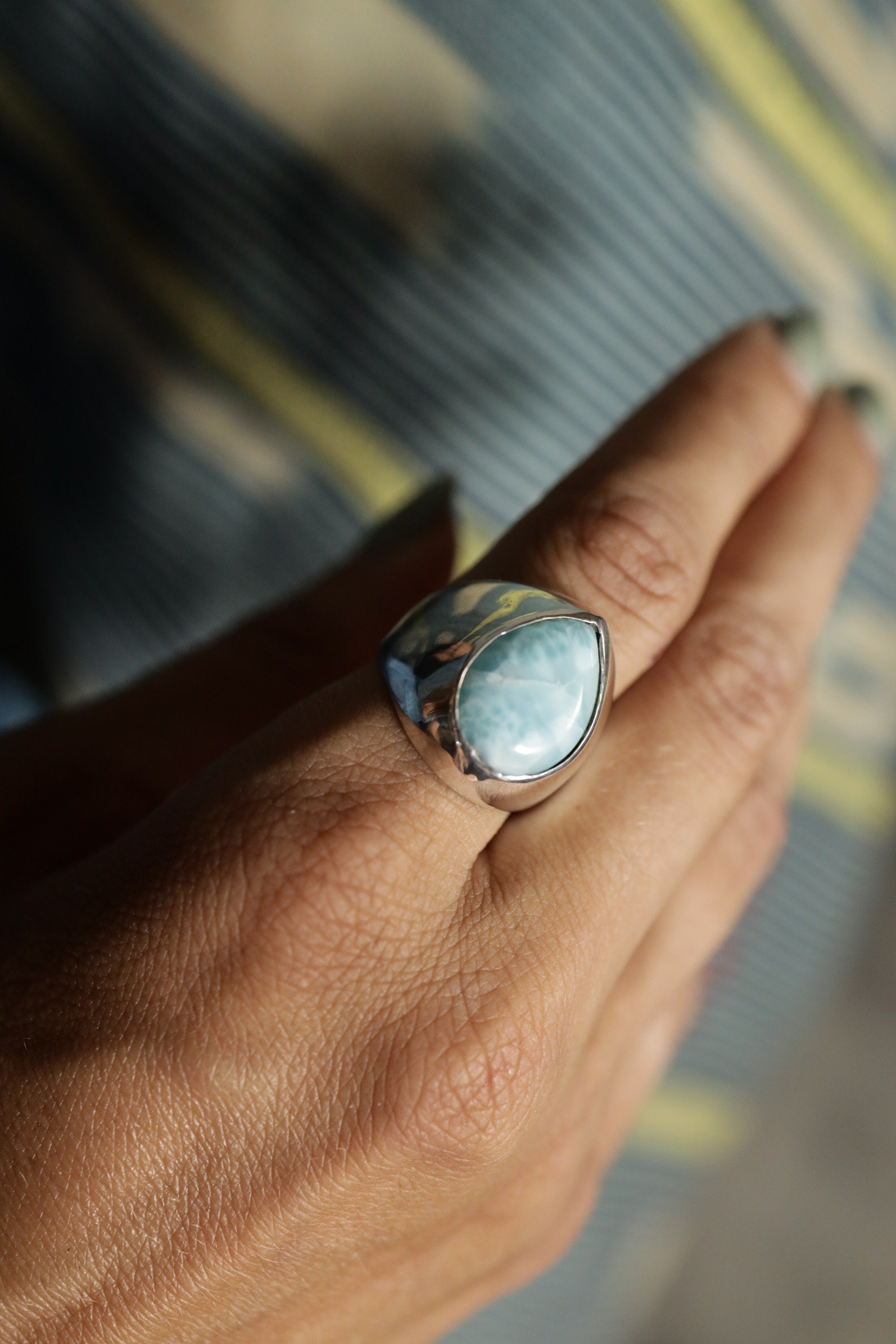 Larimar Ring 925 Sterling Silver Hollow Band Blue Cabochon Throat Chakra Pisces Leo Ocean Jewelry Gift Size 9