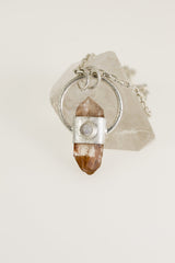 Lunar Embrace: Sterling Silver Sand-Textured Crystal Pendant with Australian Lithium Quartz and Moonstone