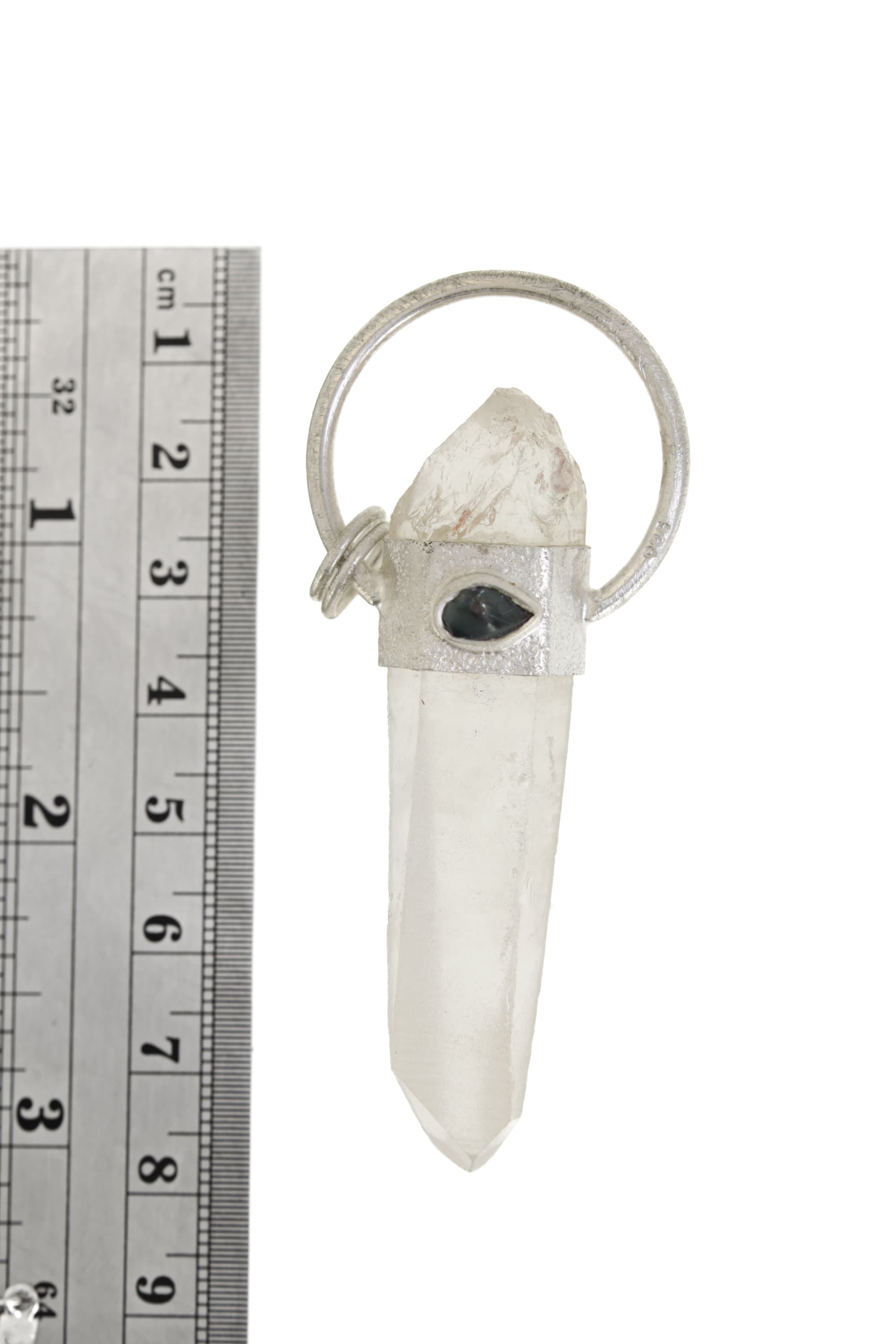 Sterling Silver Sand-Textured Crystal Pendant with Australian Lemurian Quartz and Sapphire